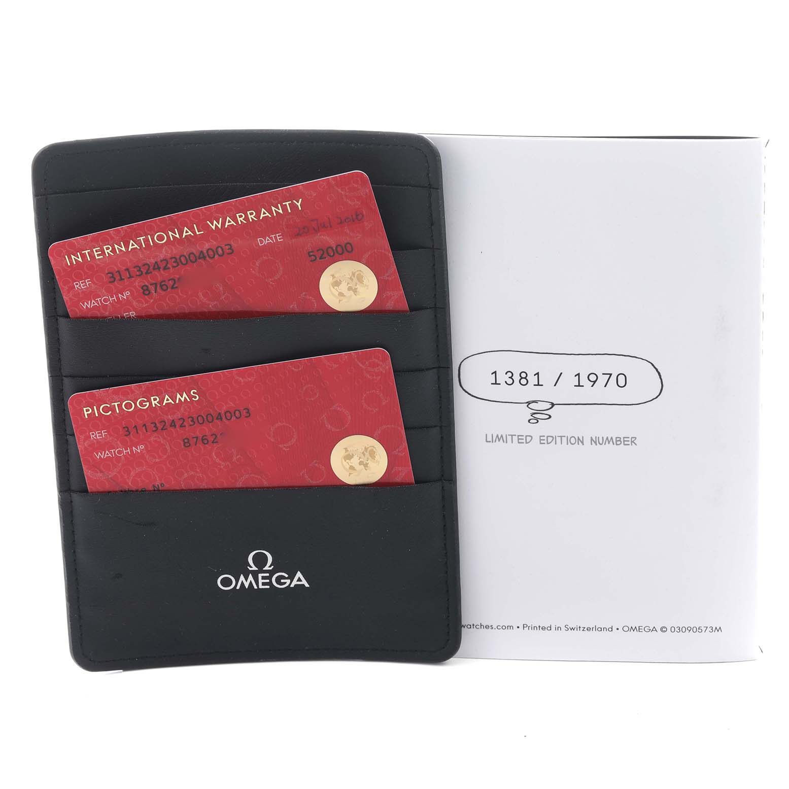 The image shows Omega Speedmaster 311.30.42.30.04.003 Men's Stainless Steel White Dial 311.30.42.30.04.003 Men's Stainless Steel White Dial international warranty and pictograms cards inside a card holder, alongside a limited edition certificate.