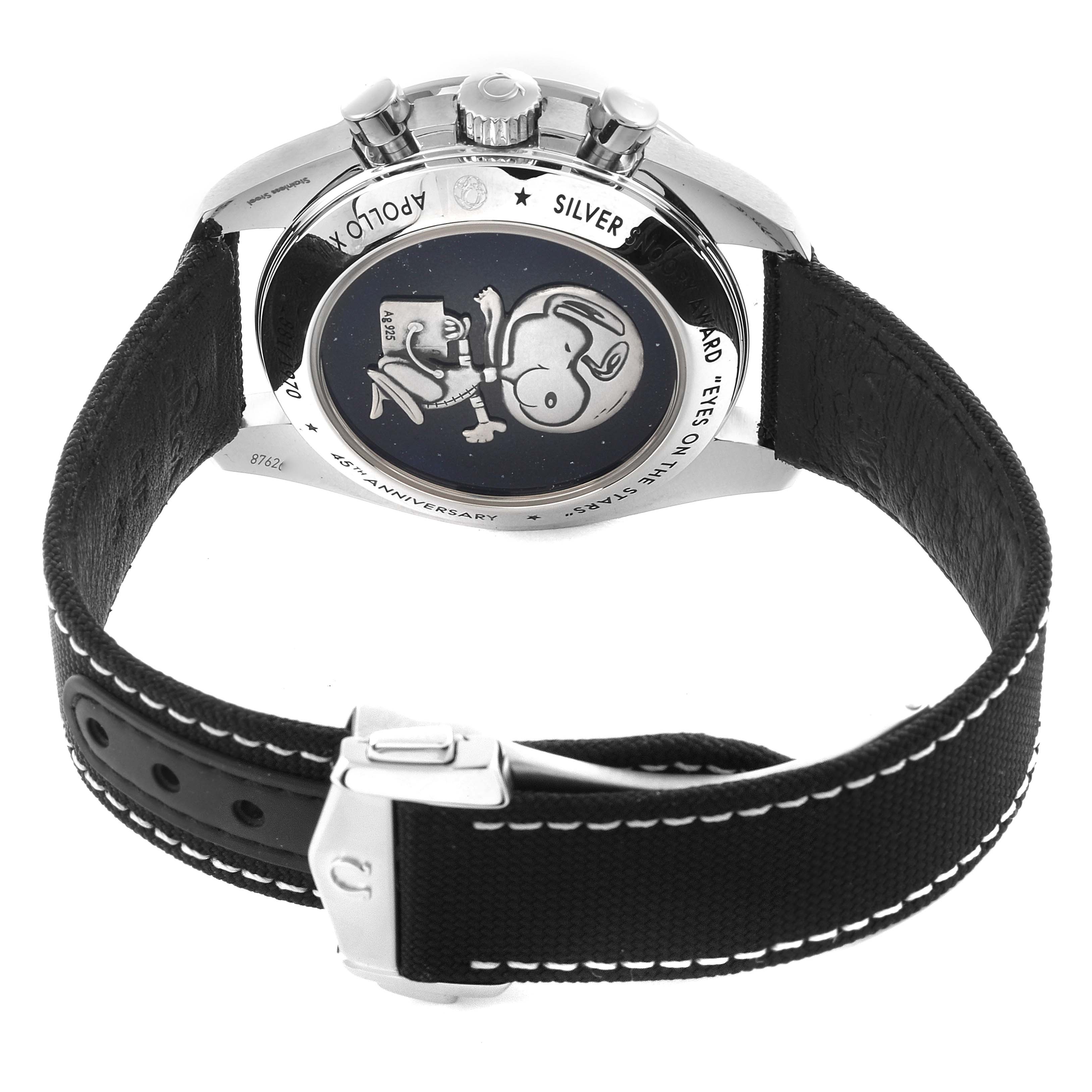 The Omega Speedmaster 311.30.42.30.04.003 Men's Stainless Steel White Dial 311.30.42.30.04.003 Men's Stainless Steel White Dial is shown from the rear, highlighting the case back design and strap.