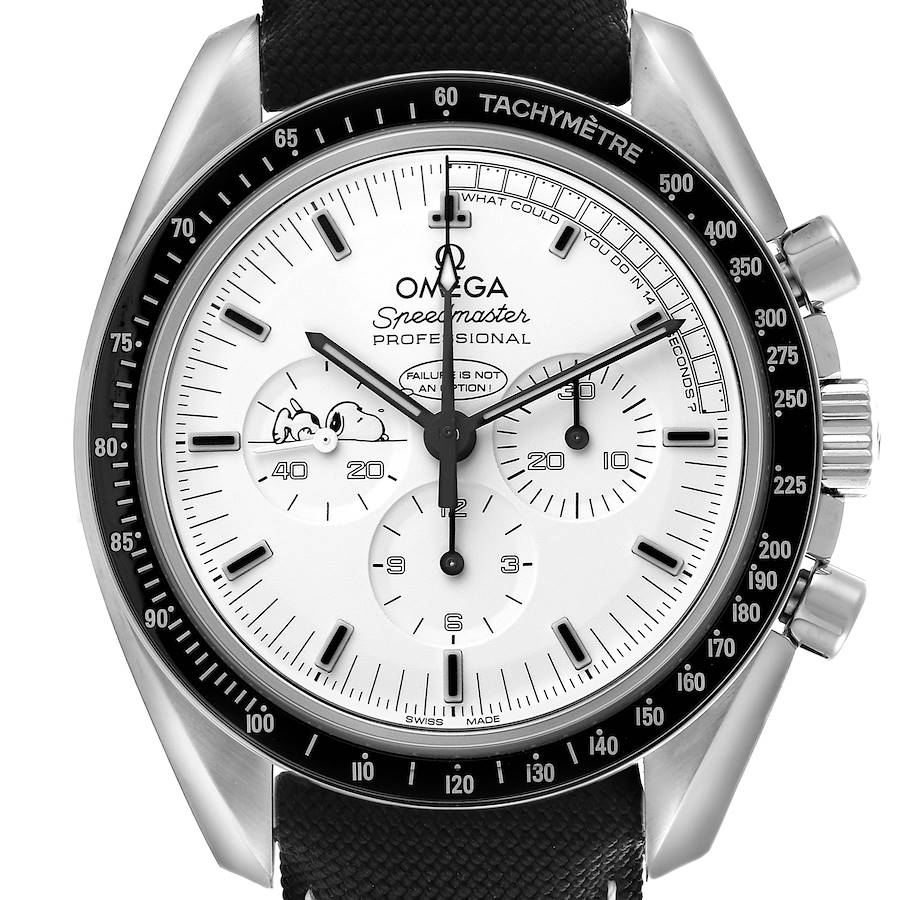 The Omega Speedmaster watch is shown from a frontal angle highlighting the dial, bezel, subdials, and part of the strap.