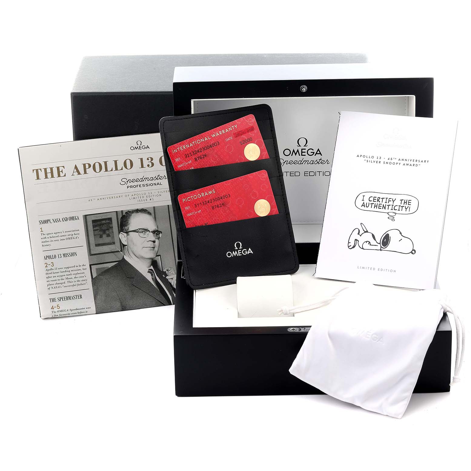 The image shows various Omega Speedmaster 311.30.42.30.04.003 Men's Stainless Steel White Dial 311.30.42.30.04.003 Men's Stainless Steel White Dial accessories, including warranty cards, booklets, packaging, and a storage pouch from a frontal angle.