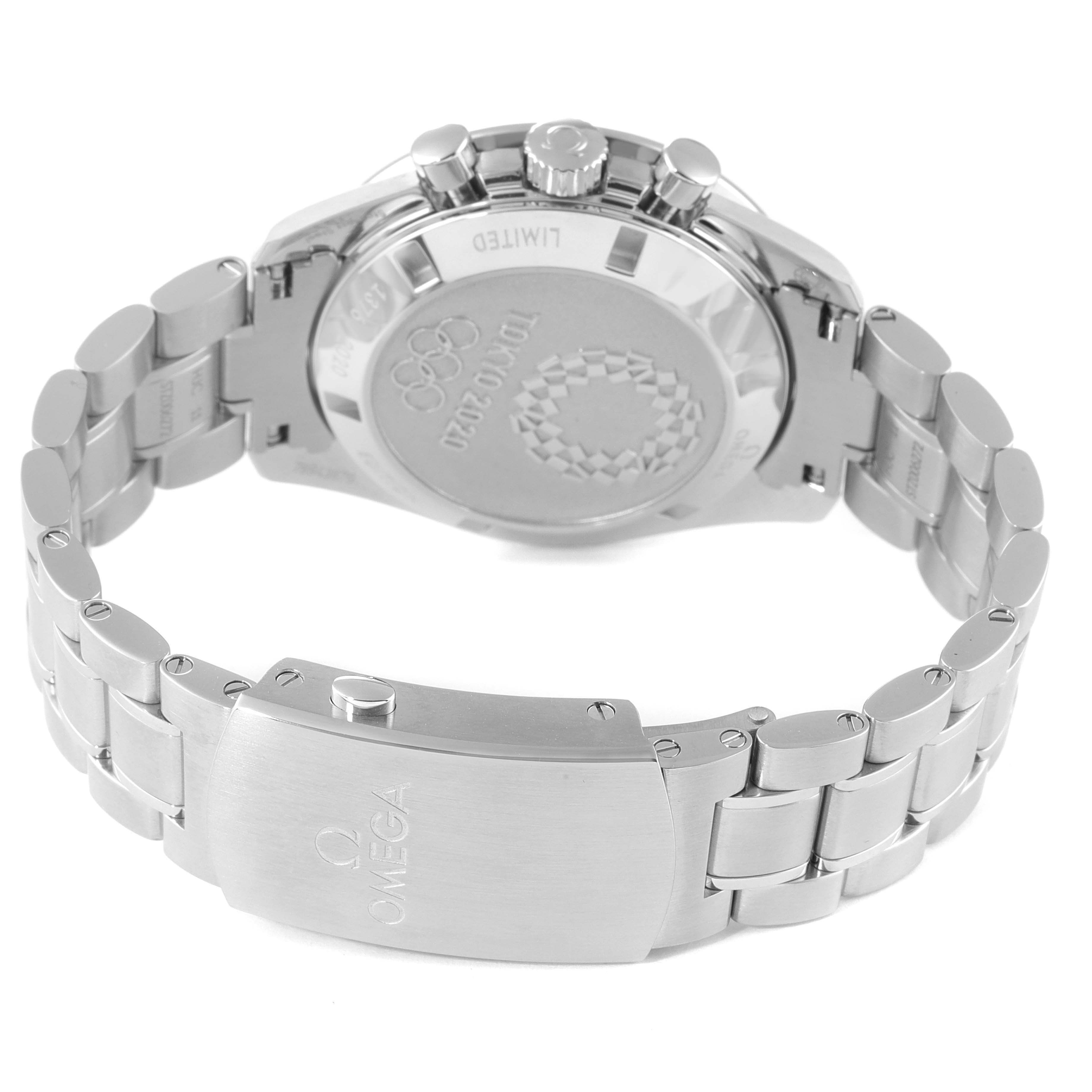 The image shows the back case, clasp, and bracelet of an Omega Speedmaster 522.30.42.30.04.001 Men's Stainless Steel White Dial 522.30.42.30.04.001 Men's Stainless Steel White Dial watch.