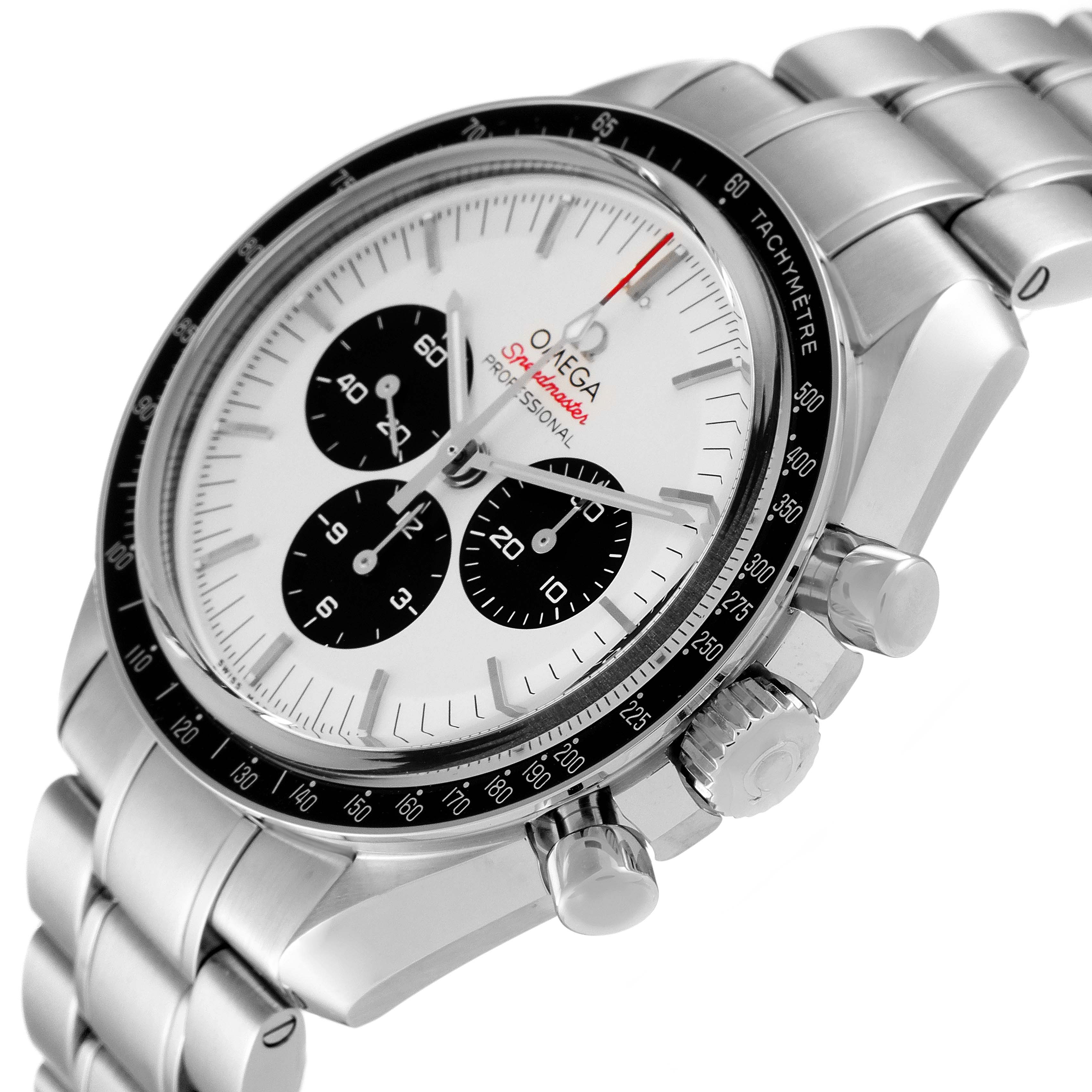 The Omega Speedmaster 522.30.42.30.04.001 Men's Stainless Steel White Dial 522.30.42.30.04.001 Men's Stainless Steel White Dial watch is shown at an angled view, highlighting its dial, bezel, crown, pushers, and metal bracelet.