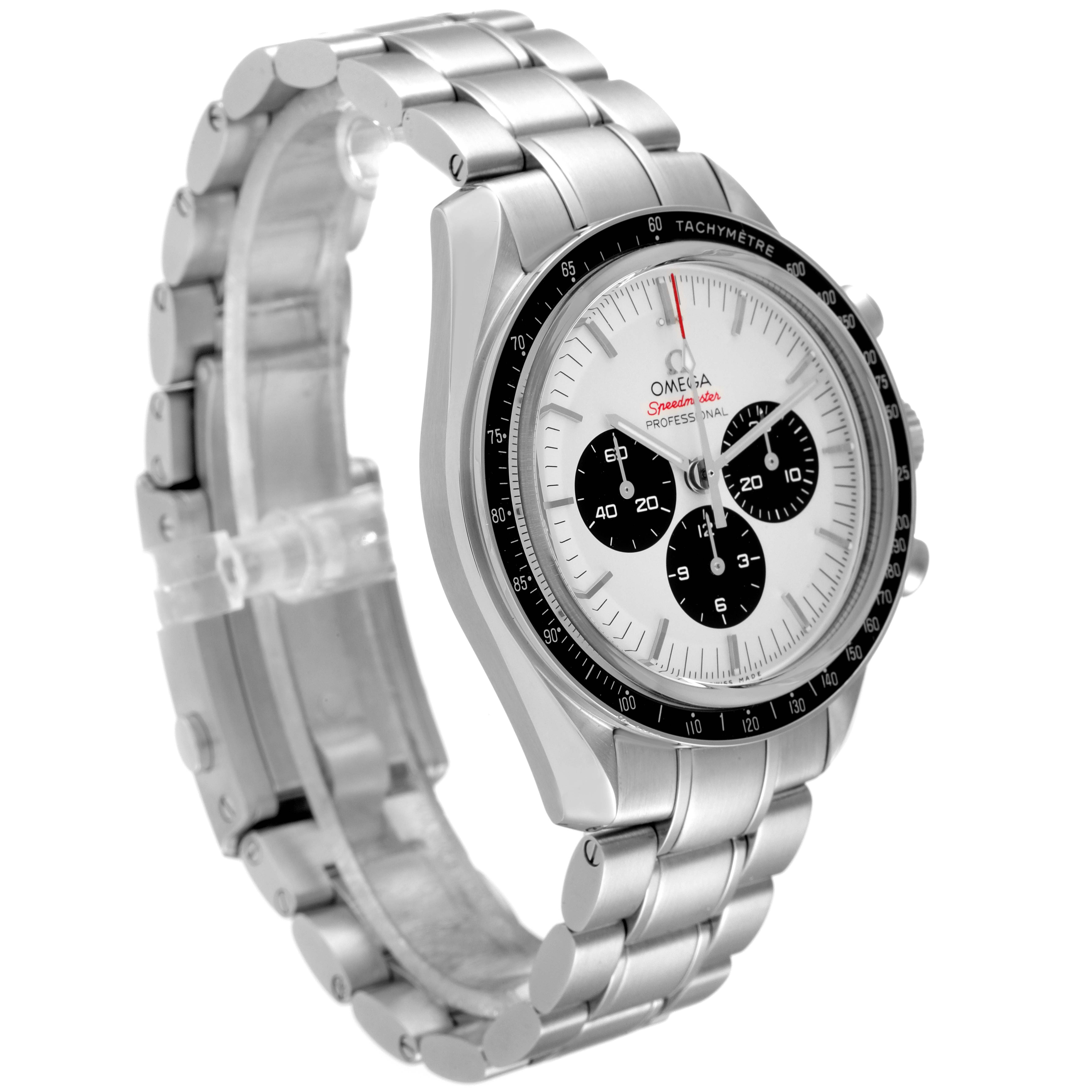 The Omega Speedmaster 522.30.42.30.04.001 Men's Stainless Steel White Dial 522.30.42.30.04.001 Men's Stainless Steel White Dial watch is shown from a three-quarter view, highlighting its face, tachymeter bezel, and bracelet.