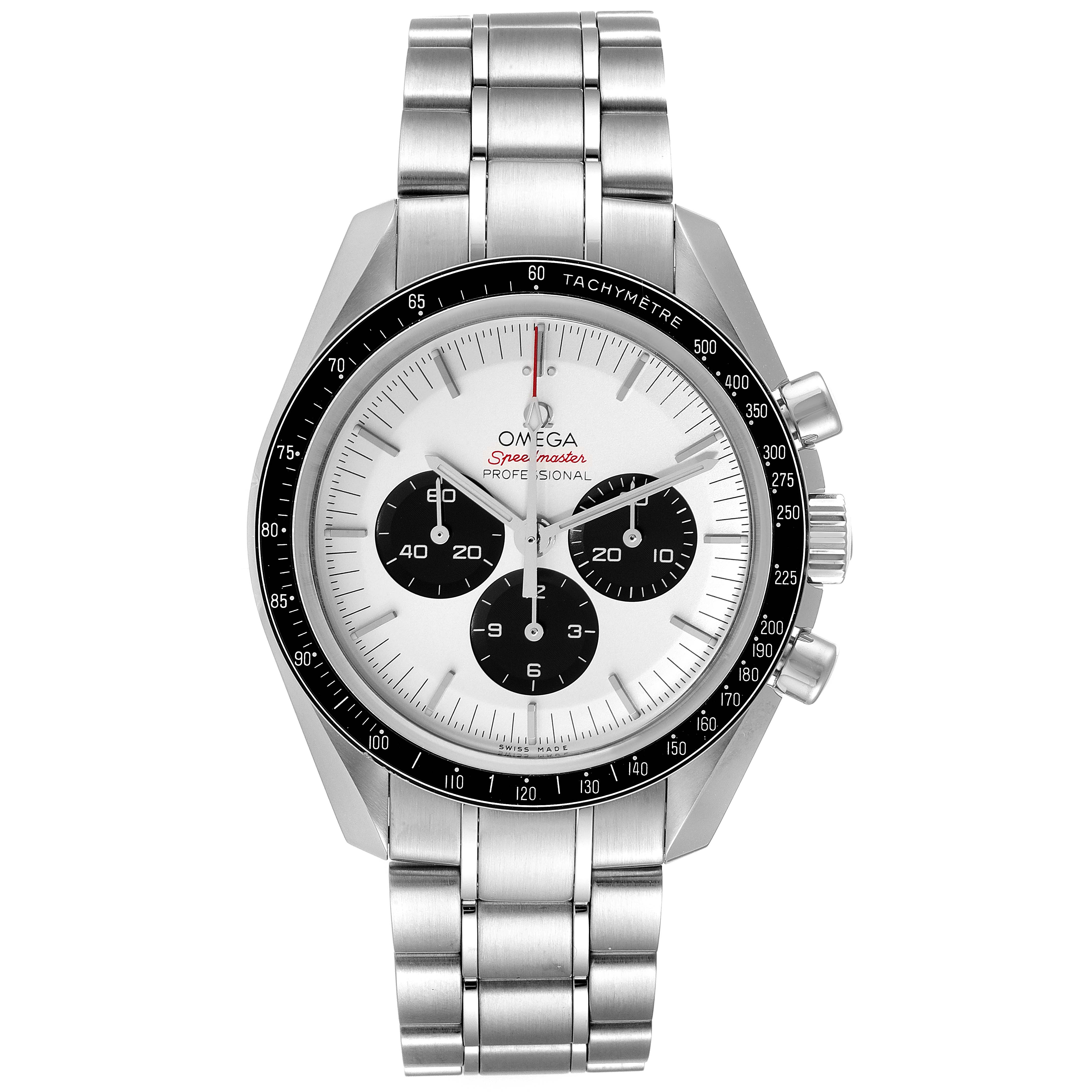 The image shows a front view of an Omega Speedmaster 522.30.42.30.04.001 Men's Stainless Steel White Dial 522.30.42.30.04.001 Men's Stainless Steel White Dial watch, displaying its dial, bezel, and stainless steel bracelet.