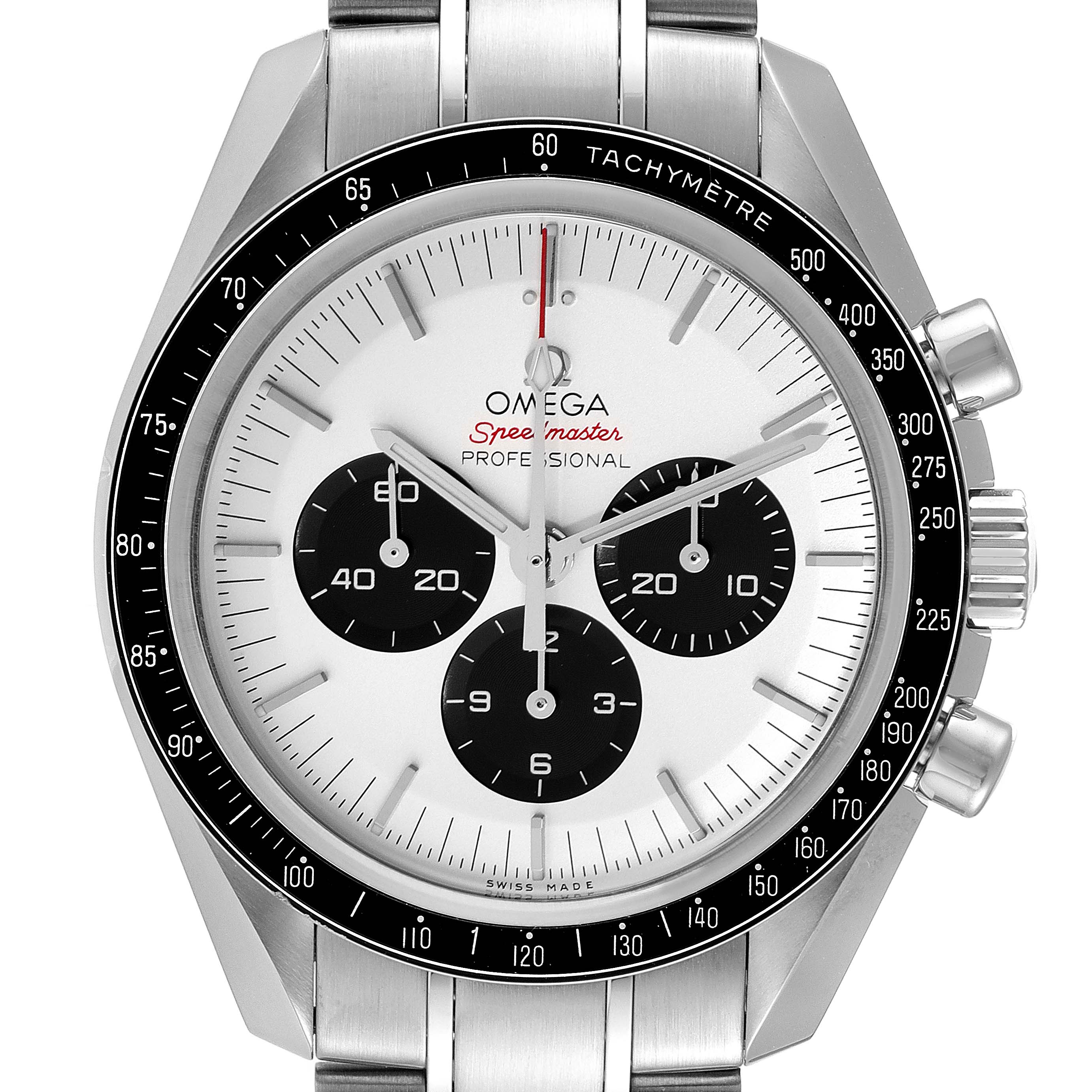 This Omega Speedmaster 522.30.42.30.04.001 Men's Stainless Steel White Dial 522.30.42.30.04.001 Men's Stainless Steel White Dial watch is shown from the front, highlighting its dial, bezel, and pushers.