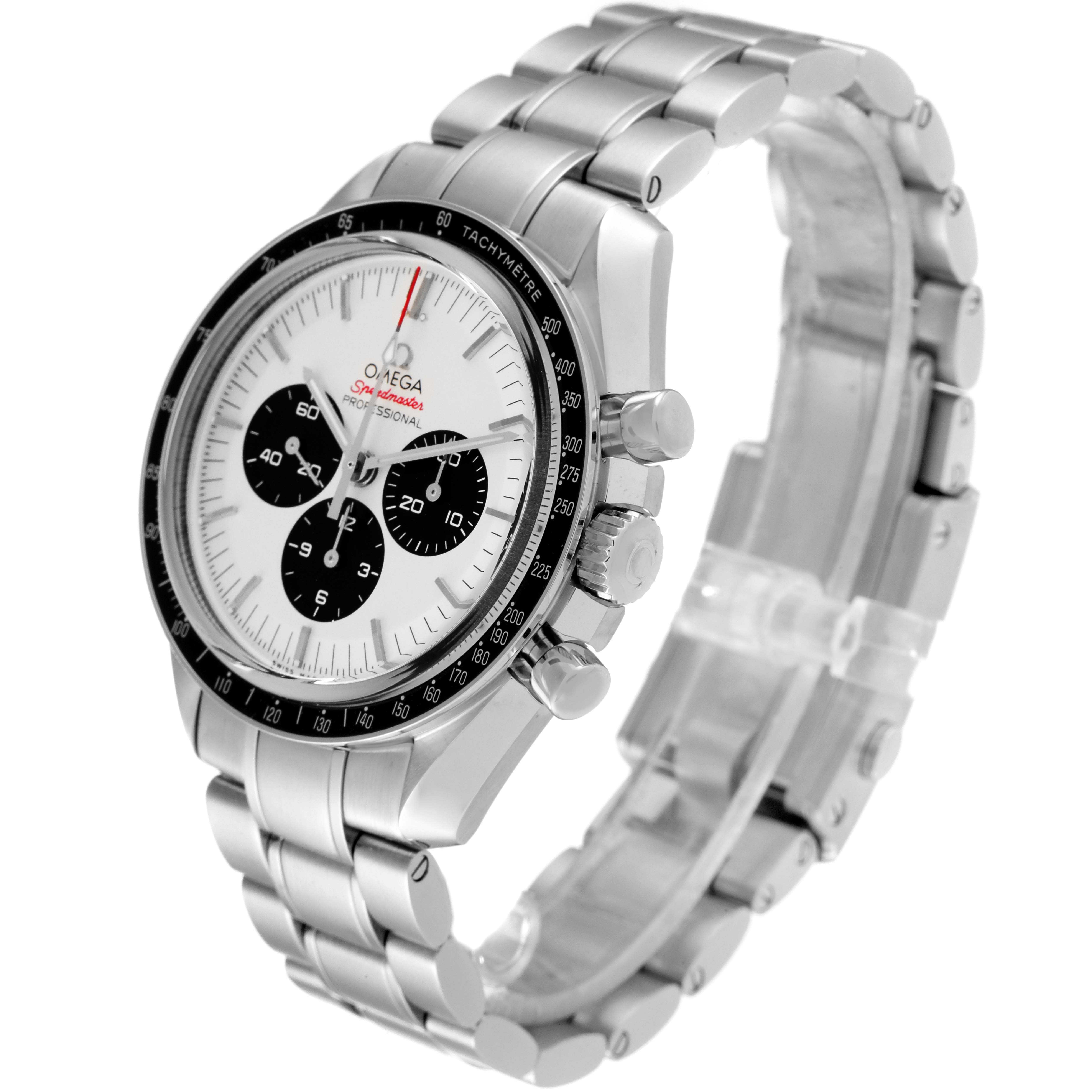 The Omega Speedmaster 522.30.42.30.04.001 Men's Stainless Steel White Dial 522.30.42.30.04.001 Men's Stainless Steel White Dial watch is shown from a slightly angled side view, highlighting the dial, bezel, and bracelet.
