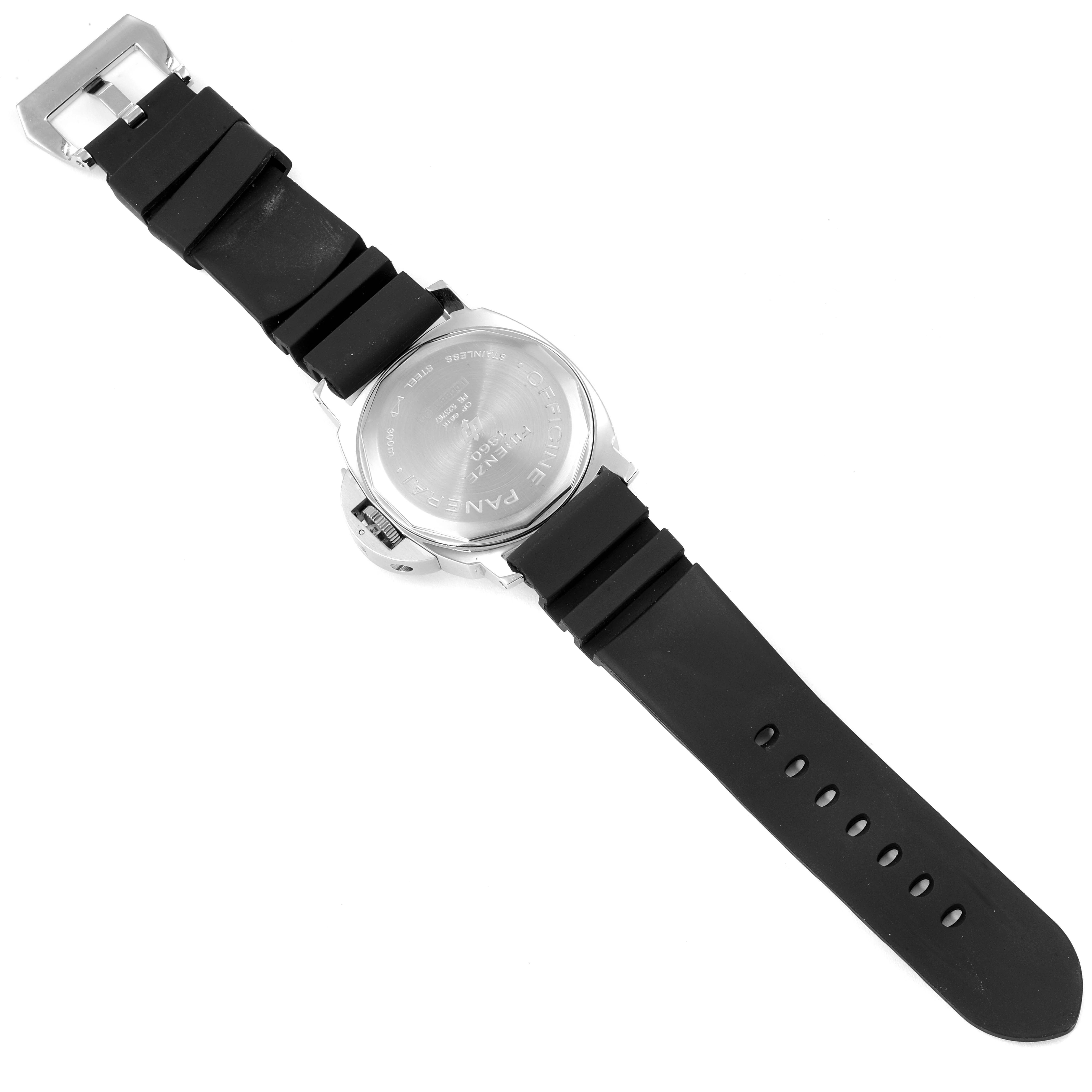 The image shows the back and strap of a Panerai Luminor PAM00000 Men's Stainless Steel Black Dial PAM00000 Men's Stainless Steel Black Dial watch from a top-down angle.