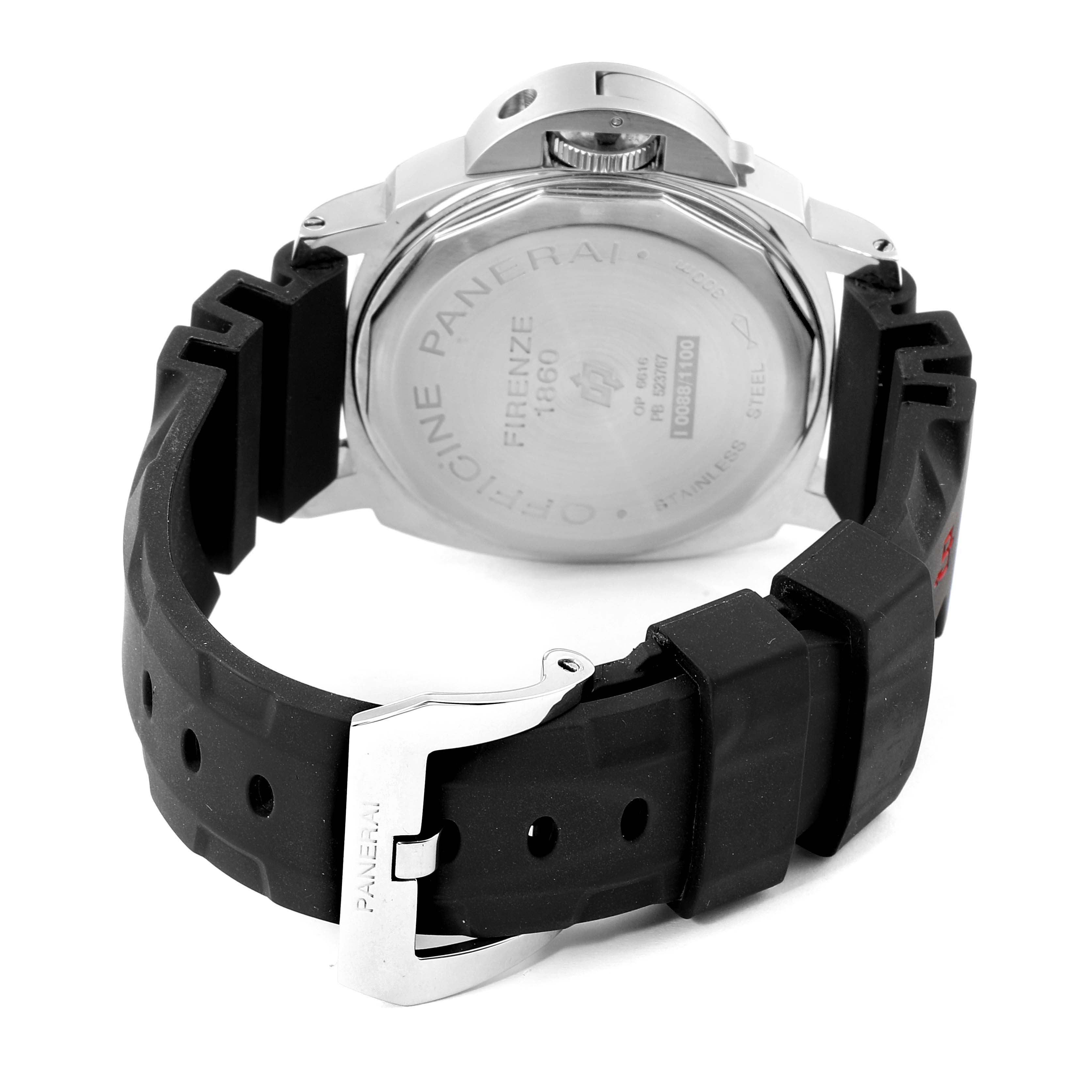 This image shows the back of a Panerai Luminor PAM00000 Men's Stainless Steel Black Dial PAM00000 Men's Stainless Steel Black Dial watch, highlighting its case back, crown guard, and rubber strap with buckle.