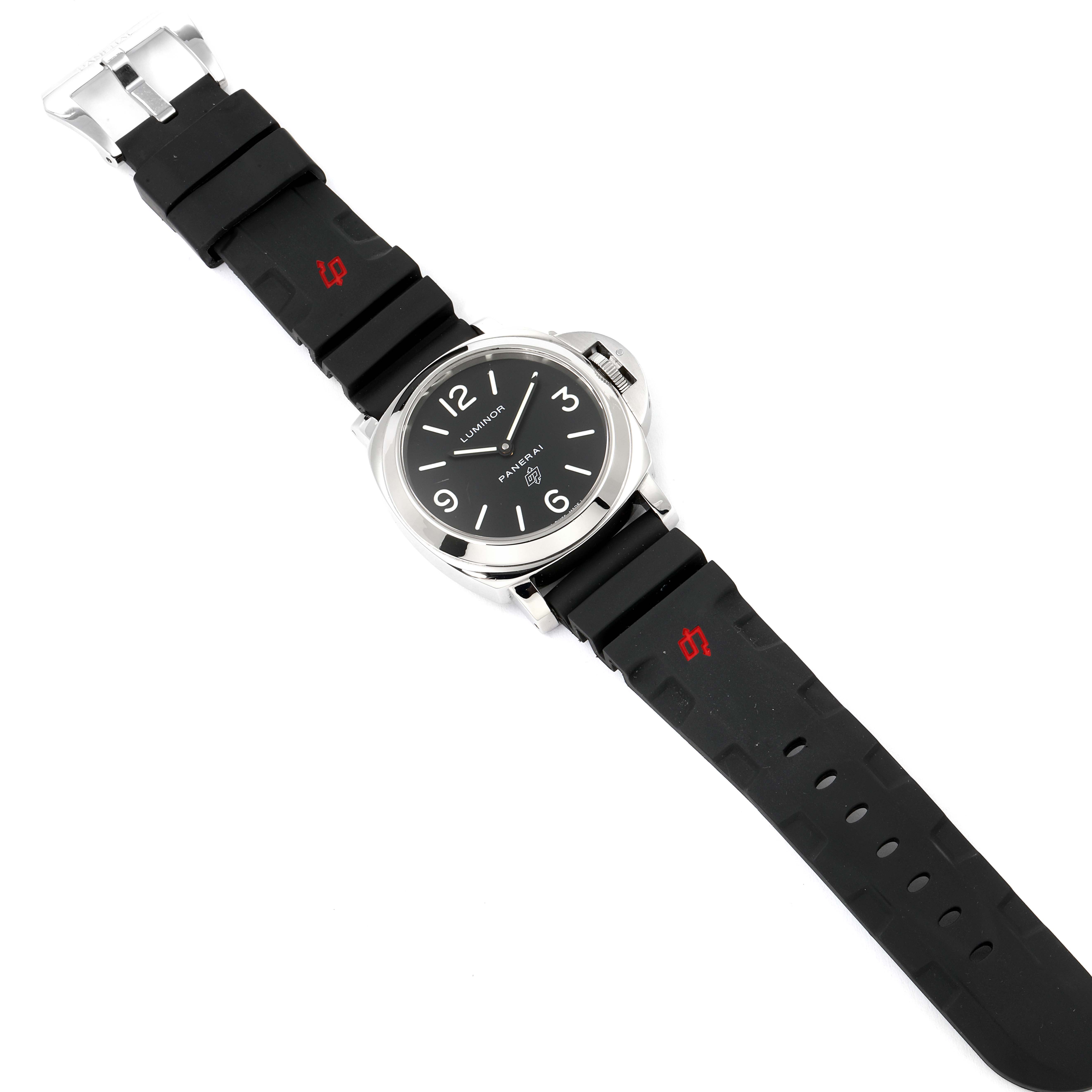 The image shows a Panerai Luminor PAM00000 Men's Stainless Steel Black Dial PAM00000 Men's Stainless Steel Black Dial watch laid flat with a view of its front face and black rubber strap.