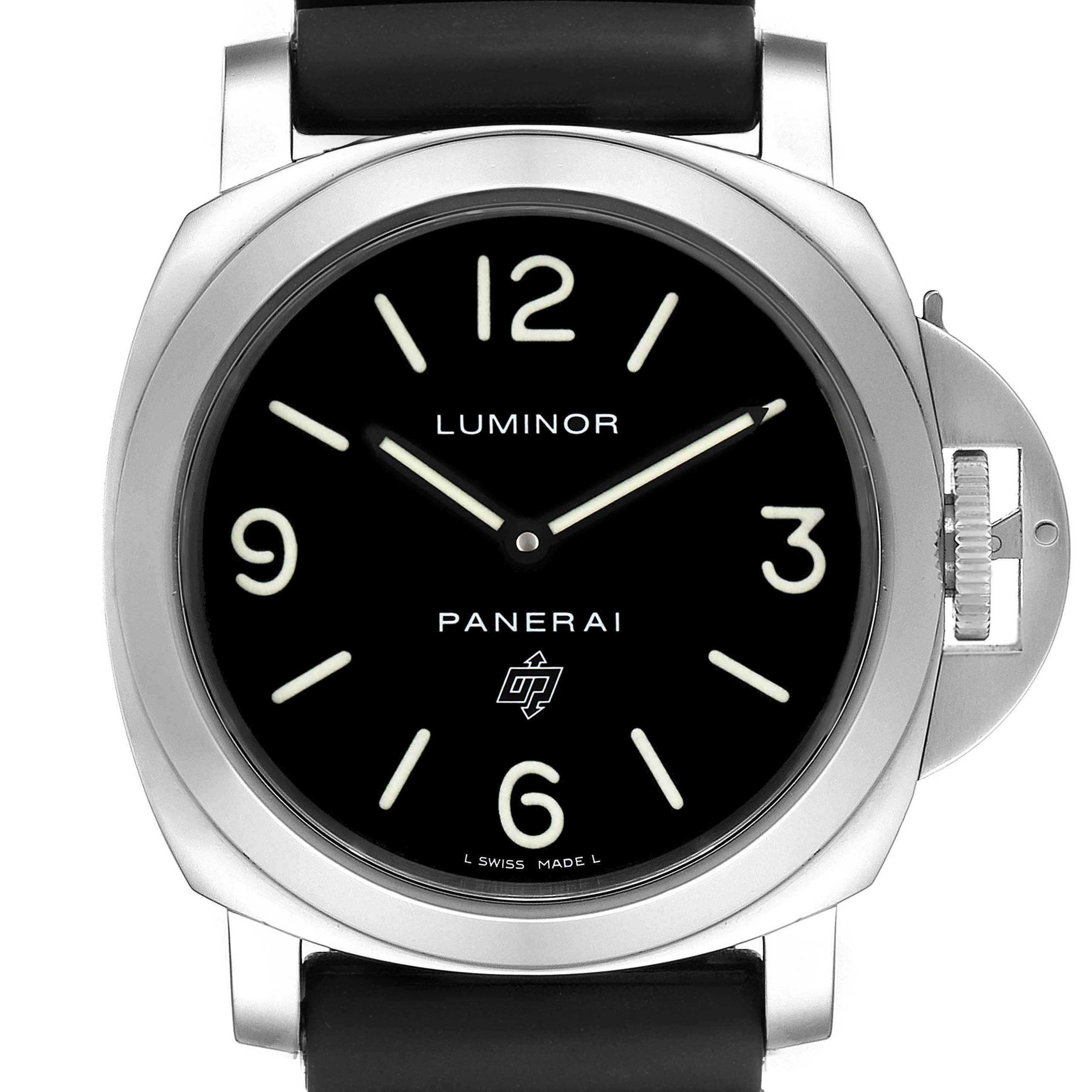The image shows a front view of a Panerai Luminor PAM00000 Men's Stainless Steel Black Dial PAM00000 Men's Stainless Steel Black Dial watch displaying the dial and case, with a visible crown guard.