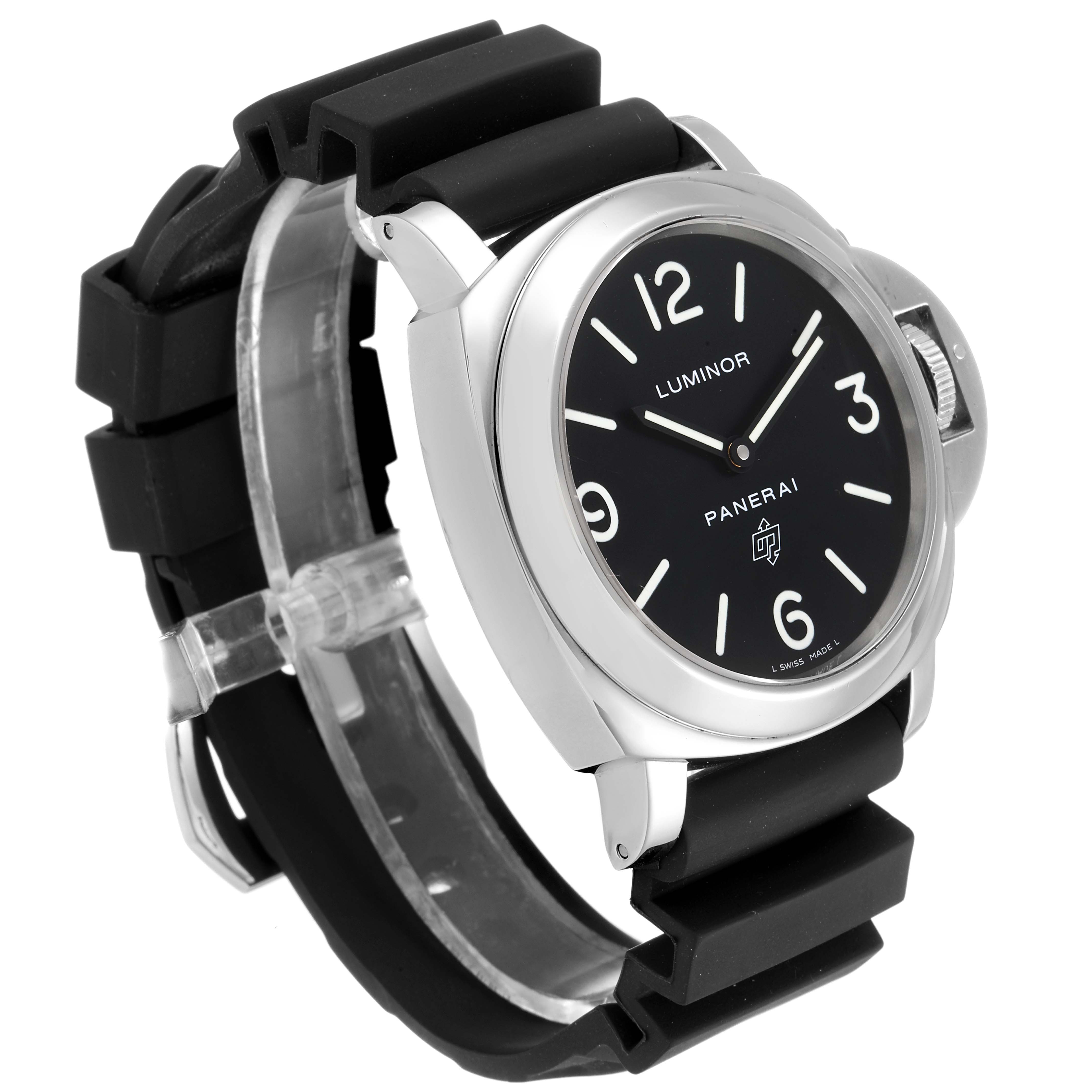 This image shows a Panerai Luminor PAM00000 Men's Stainless Steel Black Dial PAM00000 Men's Stainless Steel Black Dial watch angled to display the face, crown guard, and black rubber strap.