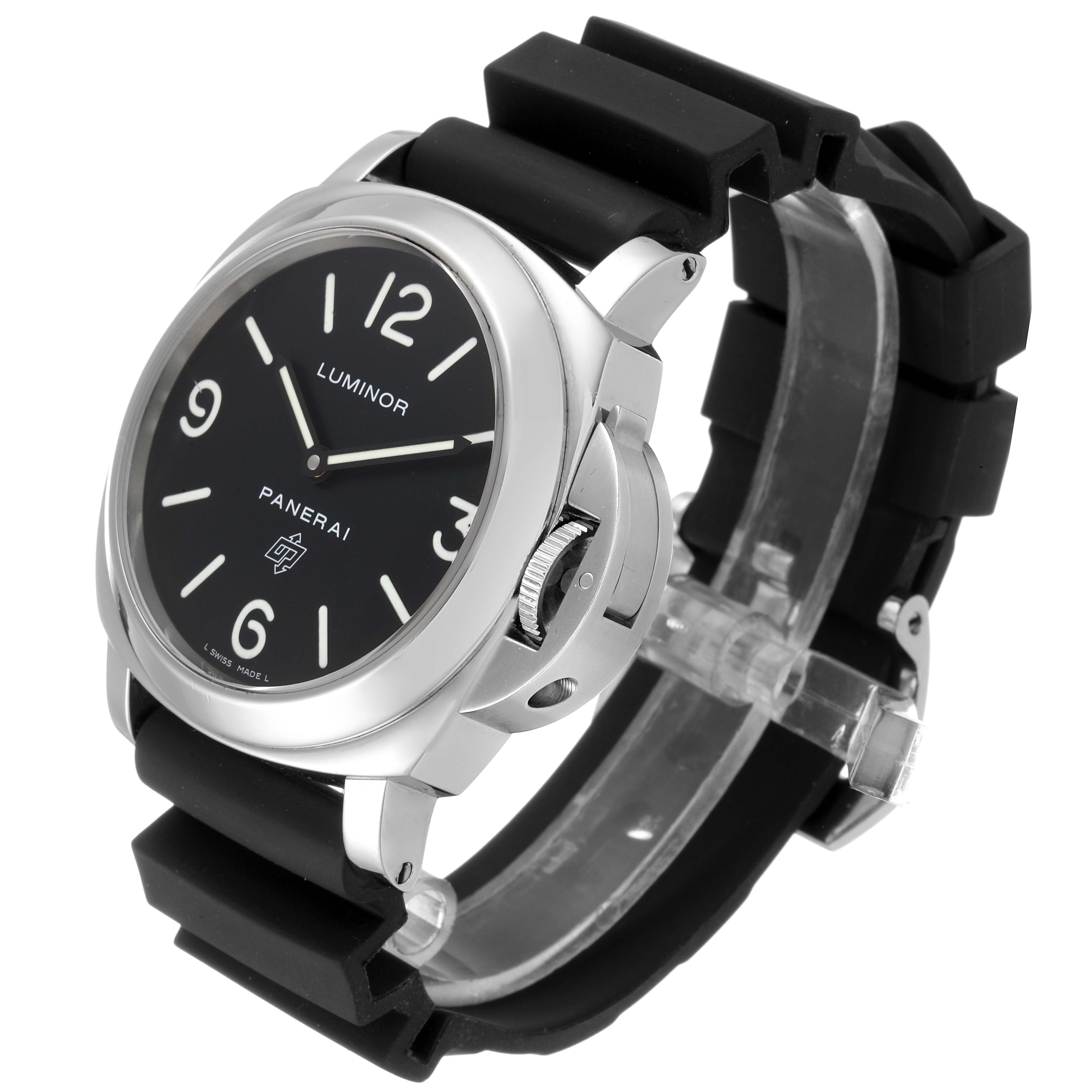 This image shows the front and side of a Panerai Luminor PAM00000 Men's Stainless Steel Black Dial PAM00000 Men's Stainless Steel Black Dial watch, highlighting the bezel, dial, strap, and crown guard.