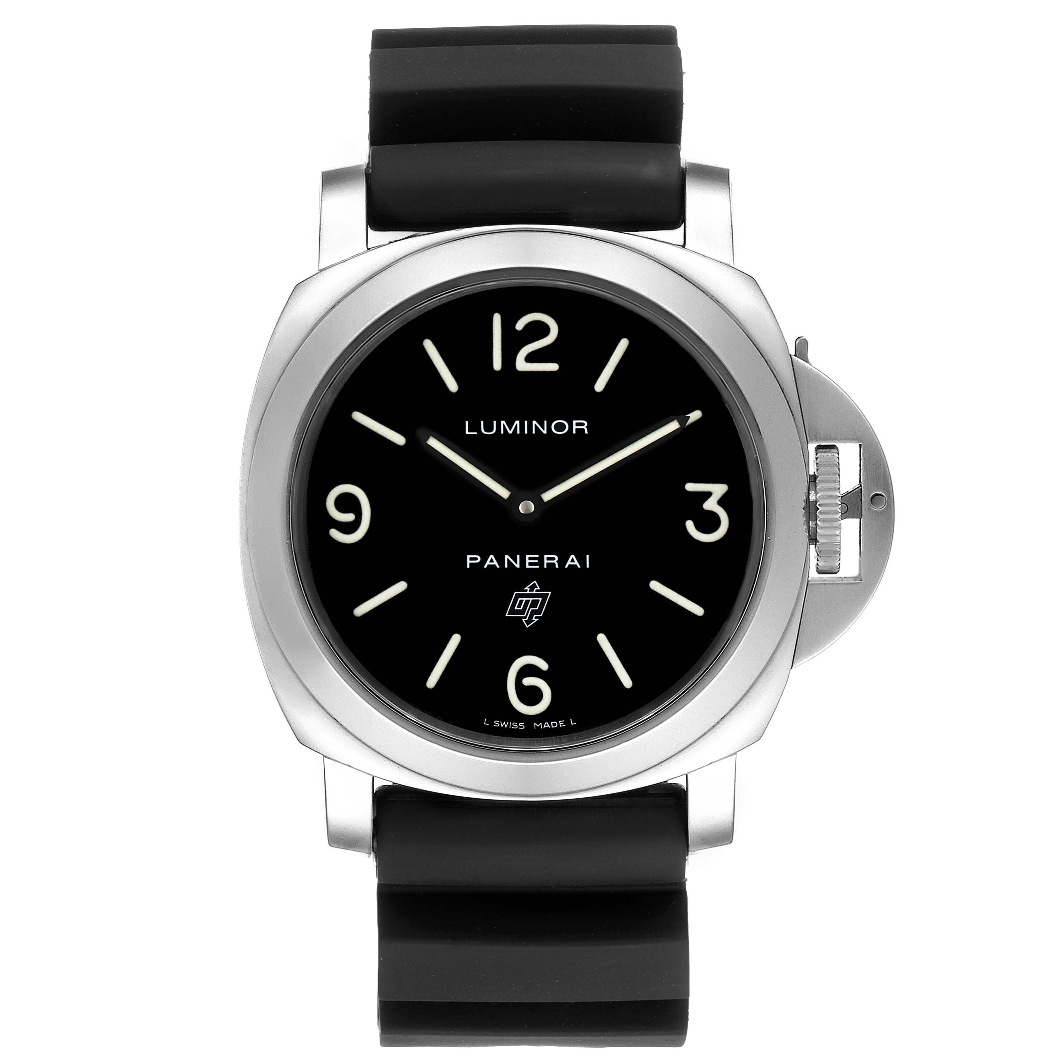 This image shows a front view of a Panerai Luminor PAM00000 Men's Stainless Steel Black Dial PAM00000 Men's Stainless Steel Black Dial watch featuring its black dial, silver case, and black strap.