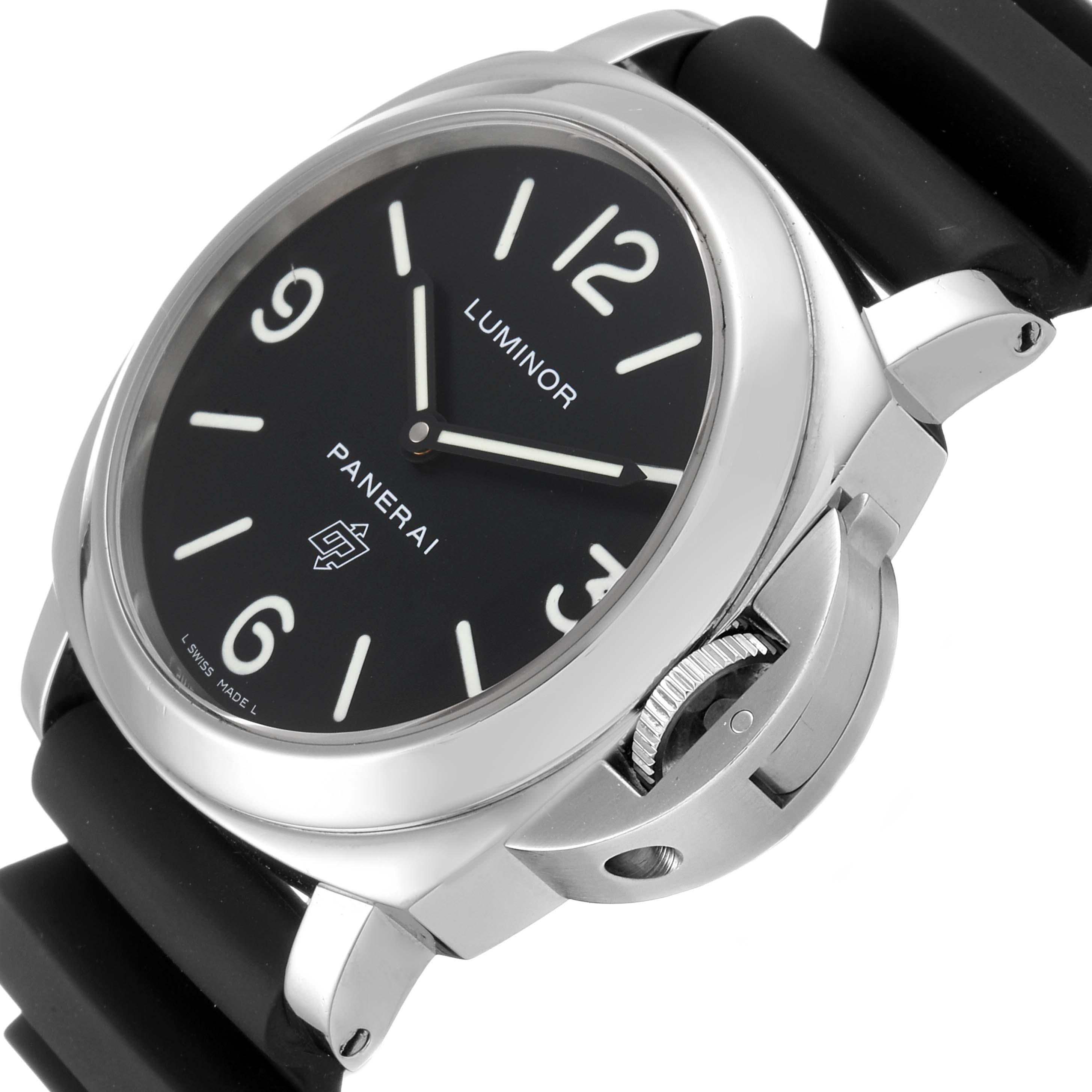 The image shows a close-up angled view of the Panerai Luminor PAM00000 Men's Stainless Steel Black Dial PAM00000 Men's Stainless Steel Black Dial watch, focusing on the face, bezel, and crown guard.