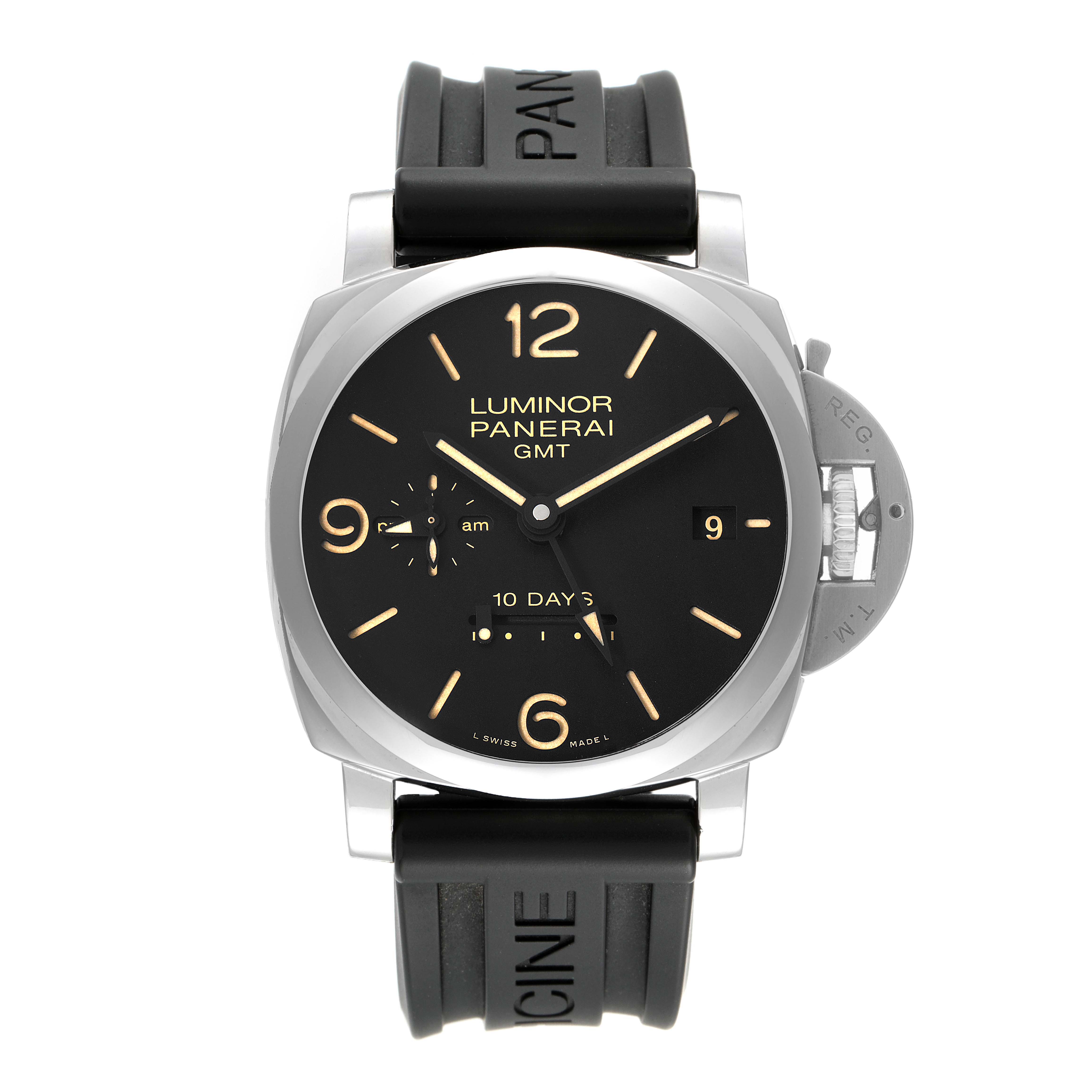 This image shows a front view of the Panerai Luminor PAM00533 Men
s Stainless Steel Black Dial PAM00533 Men
s Stainless Steel Black Dial watch, highlighting the dial, numbers, hands, and strap.