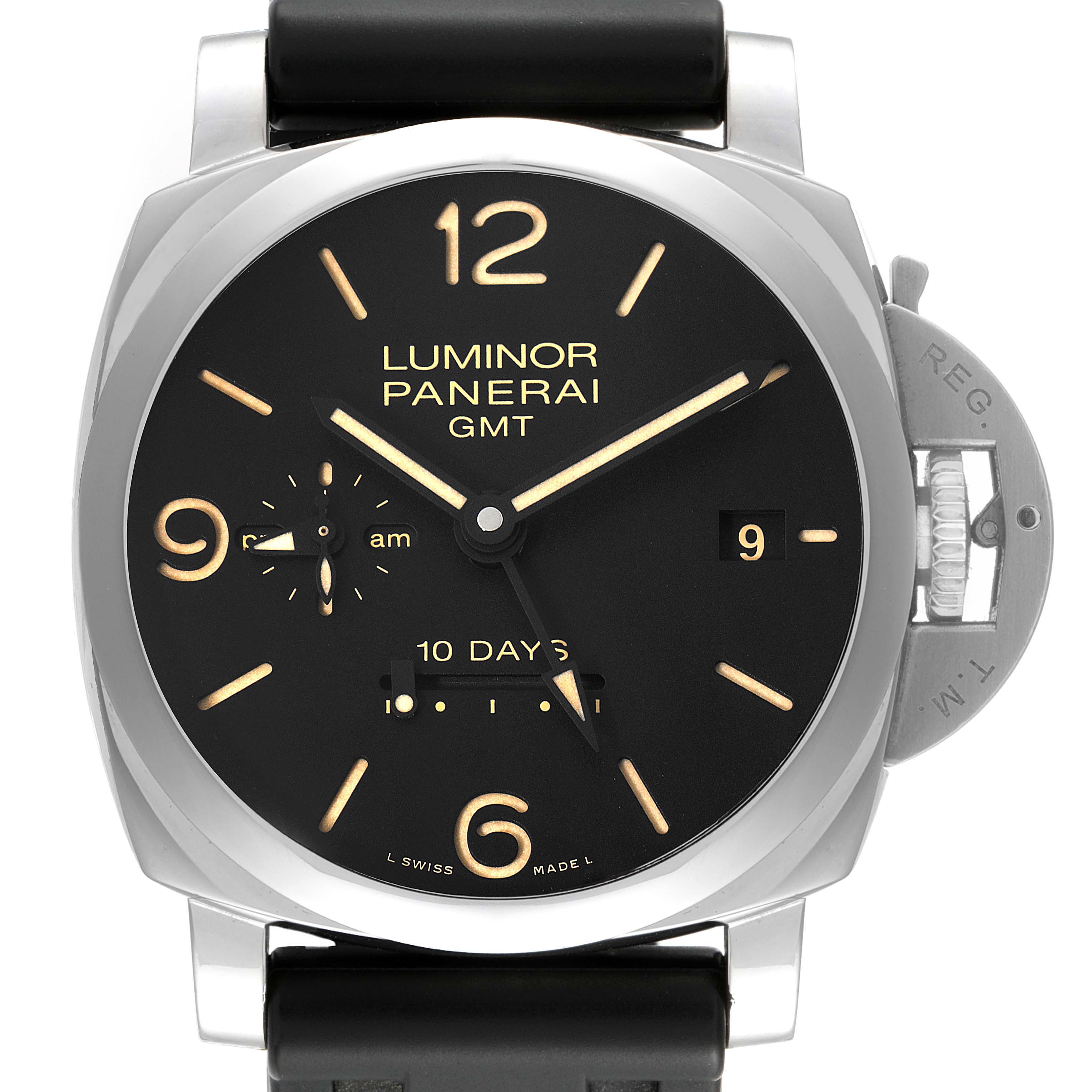 The image shows a front view of the Panerai Luminor PAM00533 Men
s Stainless Steel Black Dial PAM00533 Men
s Stainless Steel Black Dial GMT watch, highlighting the watch face, hands, and crown guard.
