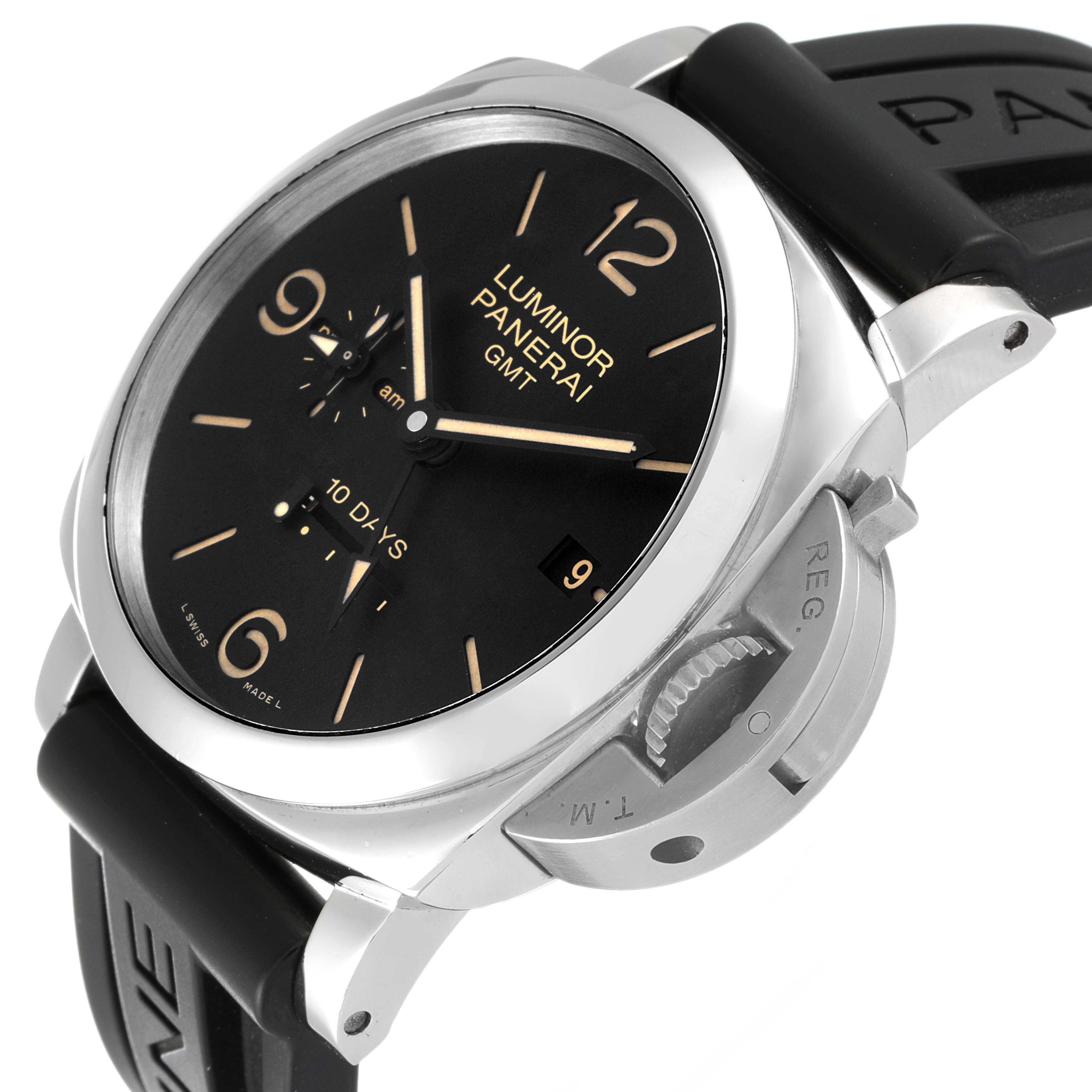 The image shows a close-up, angled view of the Panerai Luminor PAM00533 Men
s Stainless Steel Black Dial PAM00533 Men
s Stainless Steel Black Dial GMT watch, highlighting the dial, case, crown guard, and black strap.