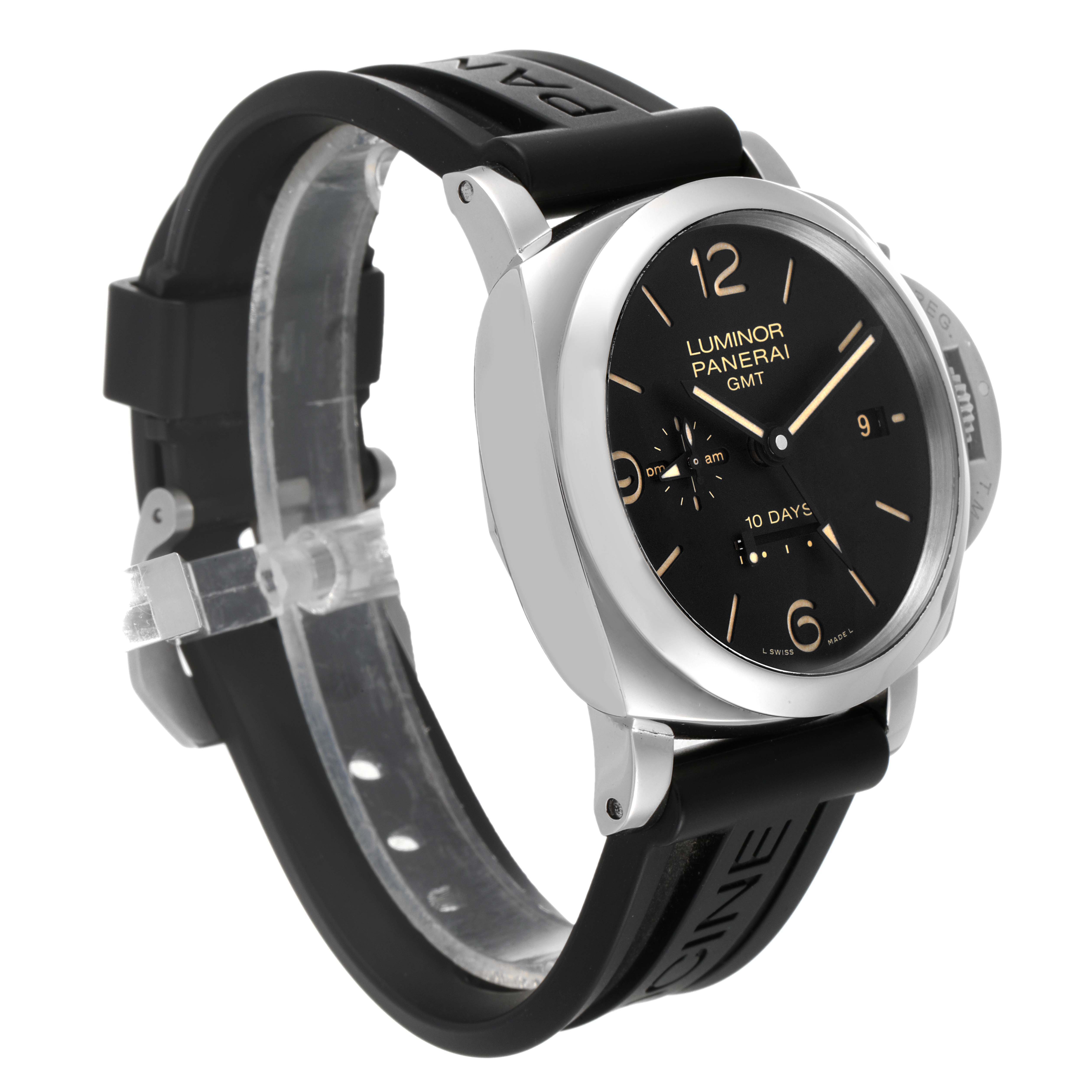 The image shows a Panerai Luminor PAM00533 Men
s Stainless Steel Black Dial PAM00533 Men
s Stainless Steel Black Dial model watch, angled diagonally, displaying the case, dial, and rubber strap.