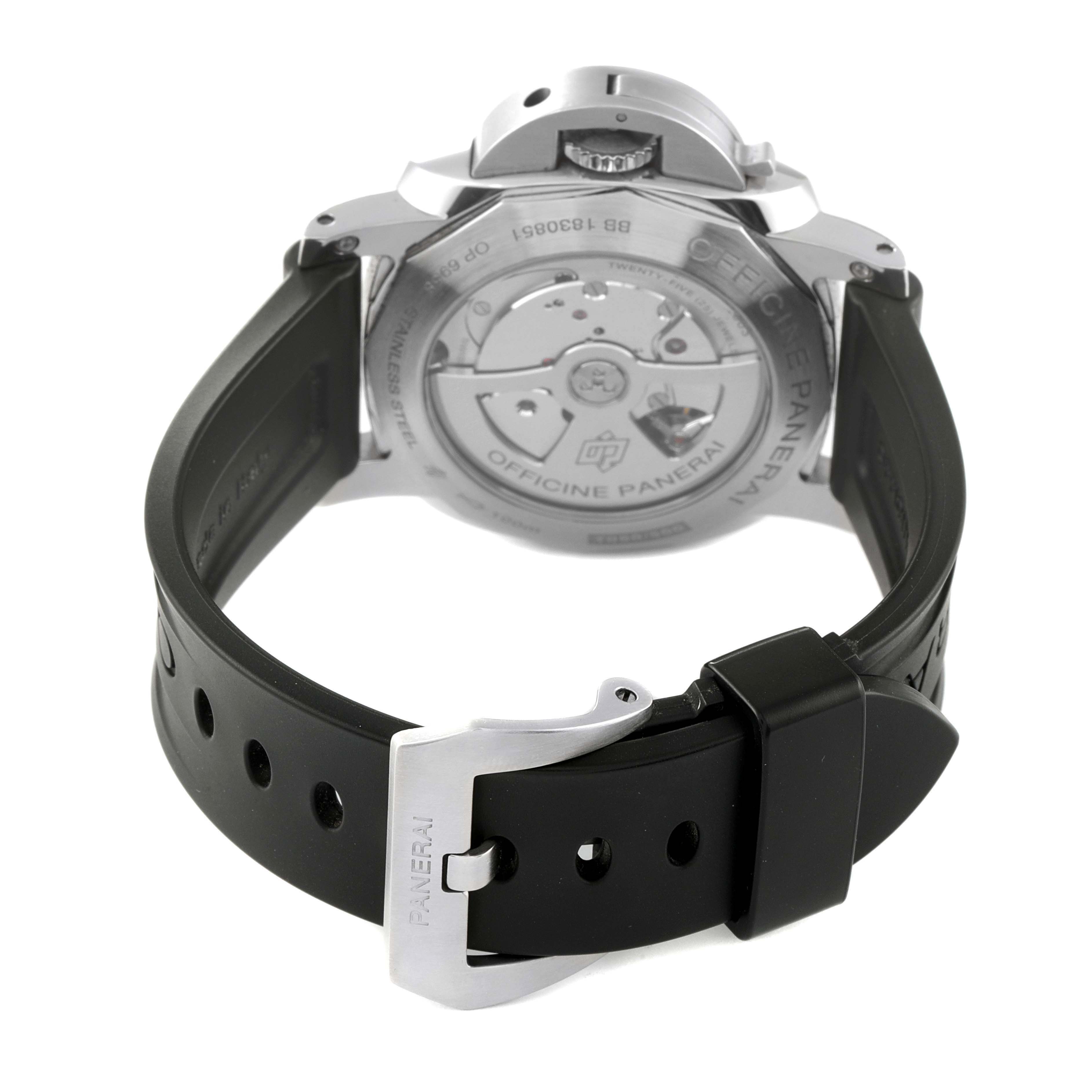 The image shows the back case, rotor, strap, and clasp of a Panerai Luminor PAM00533 Men
s Stainless Steel Black Dial PAM00533 Men
s Stainless Steel Black Dial watch.