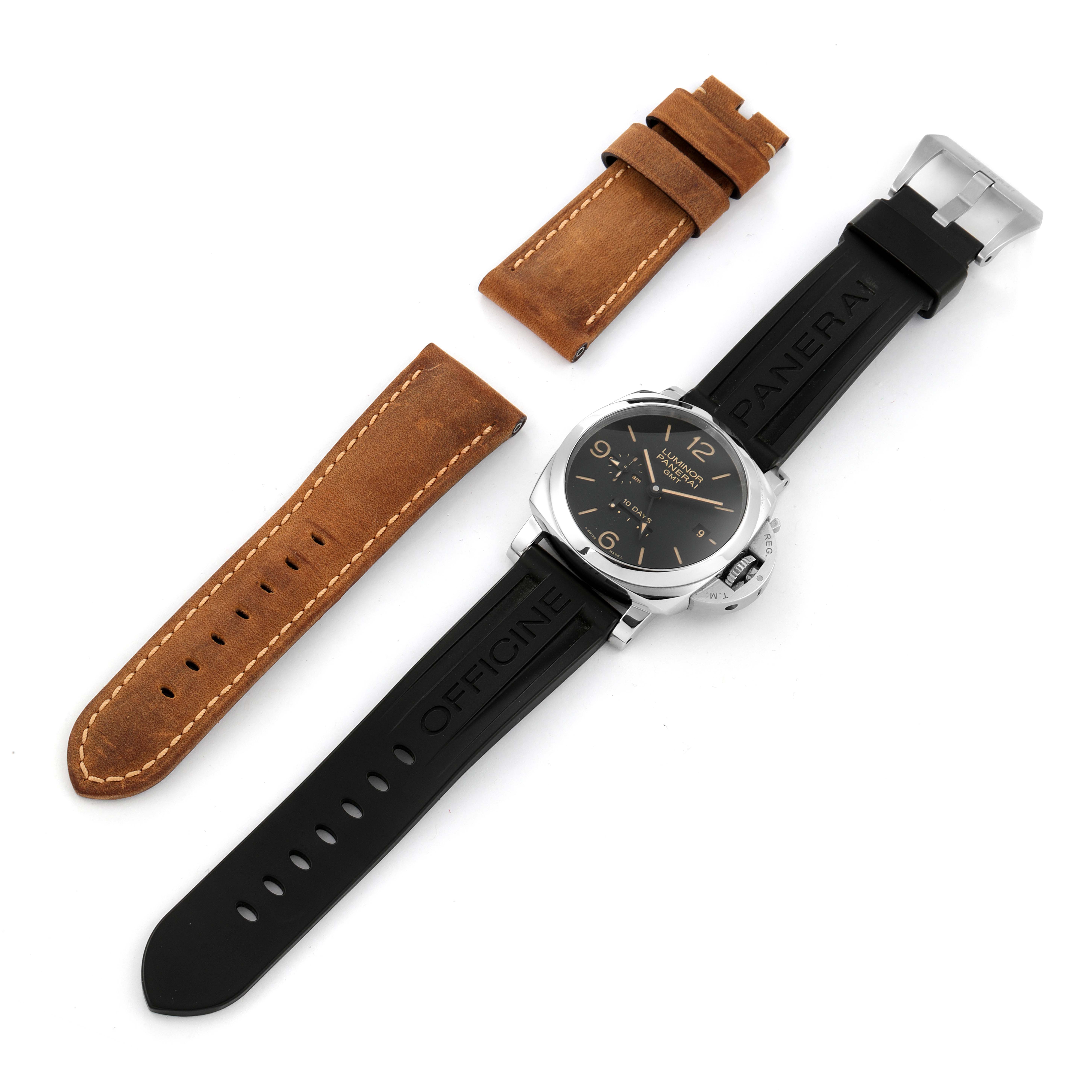 The image shows a Panerai Luminor PAM00533 Men
s Stainless Steel Black Dial PAM00533 Men
s Stainless Steel Black Dial watch with a black strap attached and an additional brown leather strap.