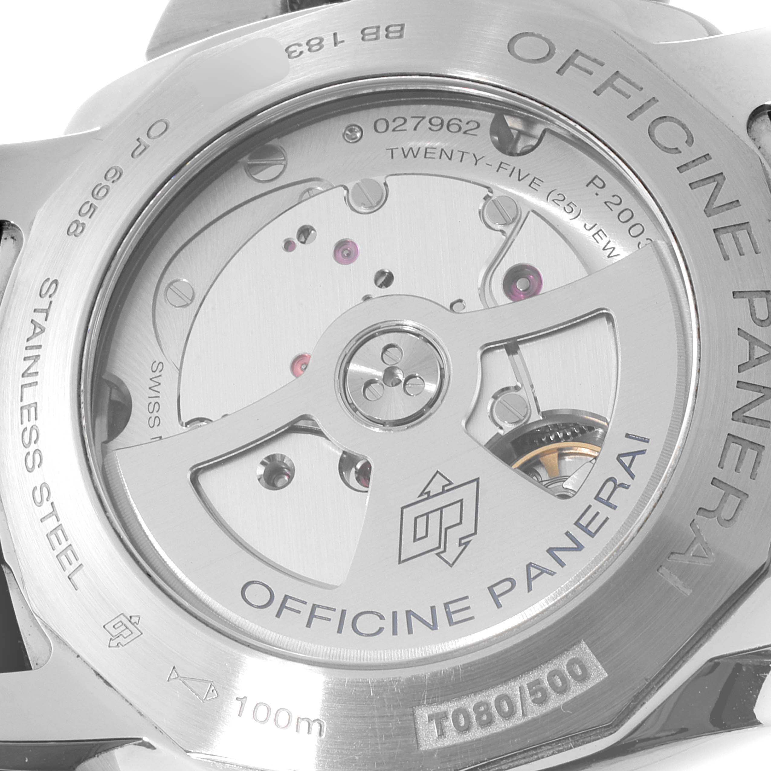 The image shows the back case of the Panerai Luminor PAM00533 Men
s Stainless Steel Black Dial PAM00533 Men
s Stainless Steel Black Dial watch, highlighting its internal mechanical movement and inscriptions.