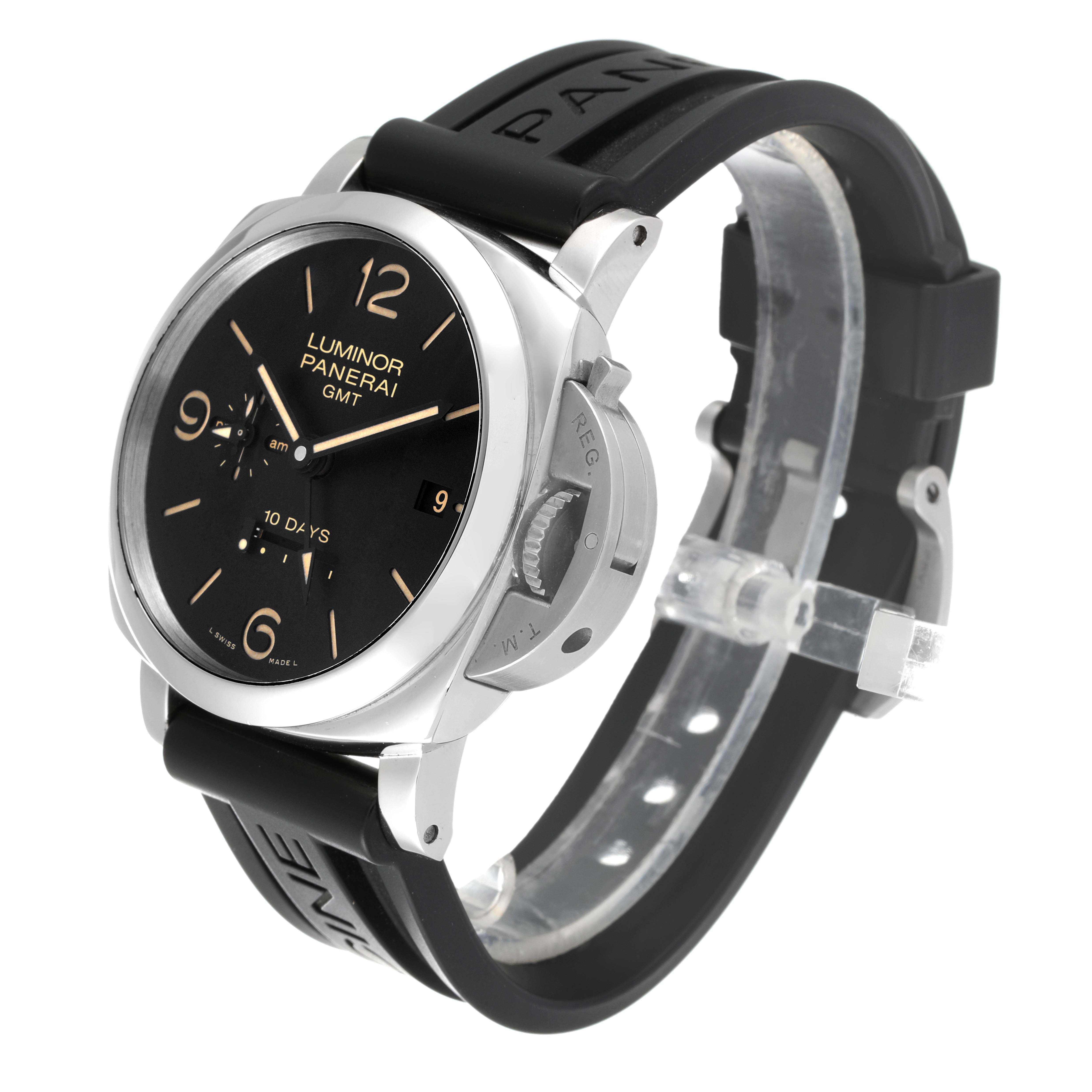 This image shows a Panerai Luminor PAM00533 Men
s Stainless Steel Black Dial PAM00533 Men
s Stainless Steel Black Dial GMT watch at an angle highlighting the face, bezel, crown guard, and black rubber strap.