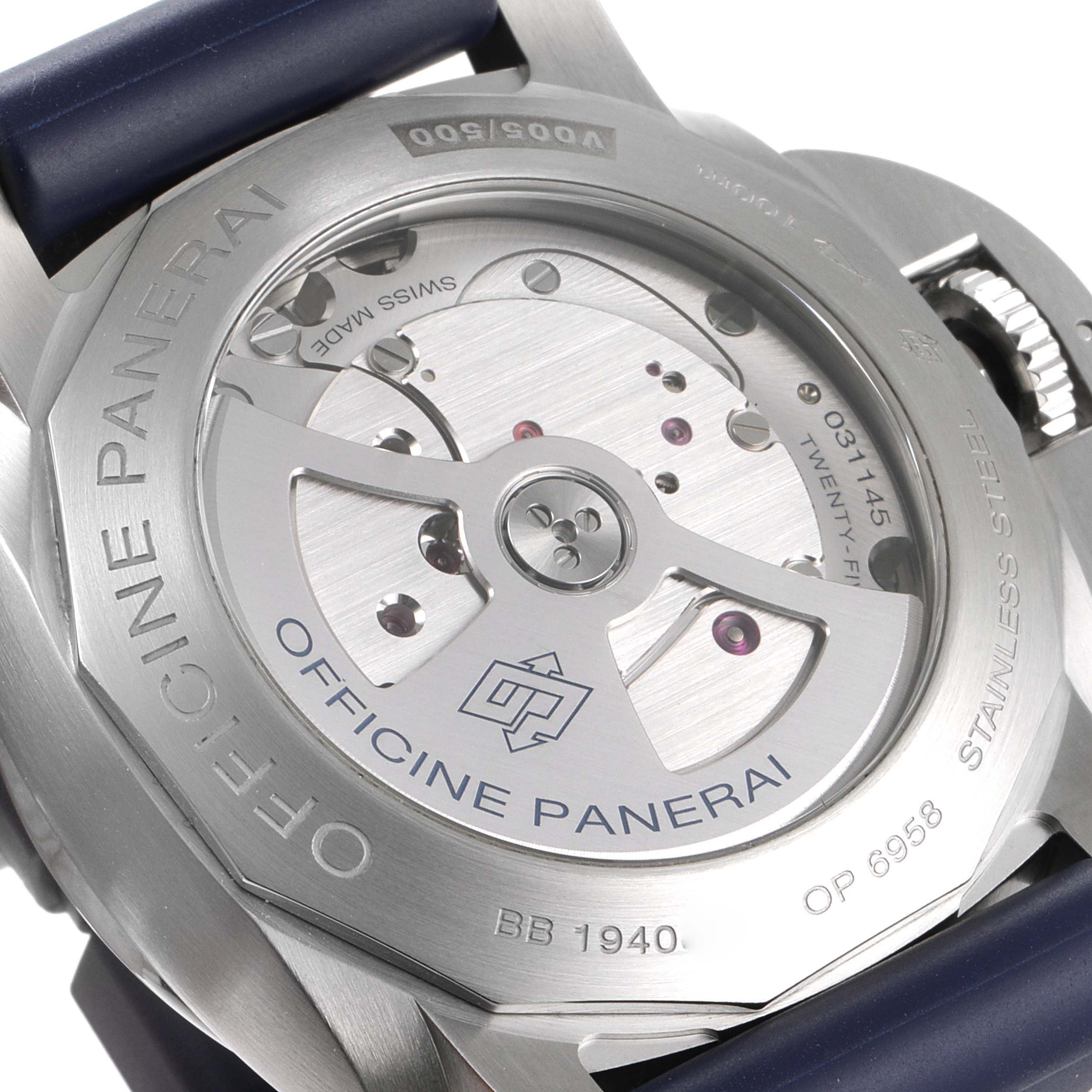 This image shows the back view of a Panerai Luminor PAM00986 Men's Stainless Steel Blue Dial PAM00986 Men's Stainless Steel Blue Dial watch, highlighting its mechanical movement and transparent case back.