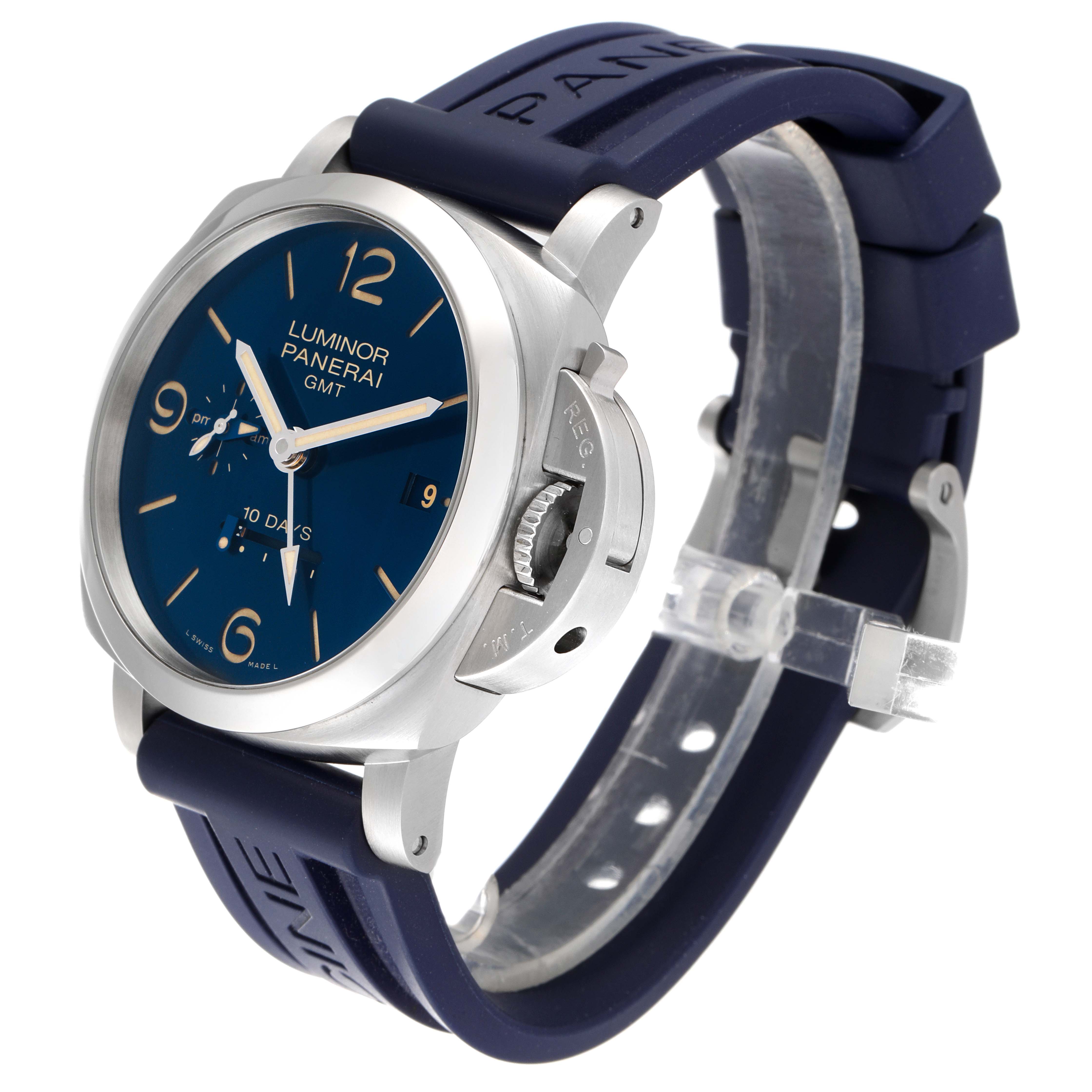 The image shows a side angle of the Panerai Luminor PAM00986 Men's Stainless Steel Blue Dial PAM00986 Men's Stainless Steel Blue Dial GMT watch, highlighting its case, dial, crown guard, and blue rubber strap.