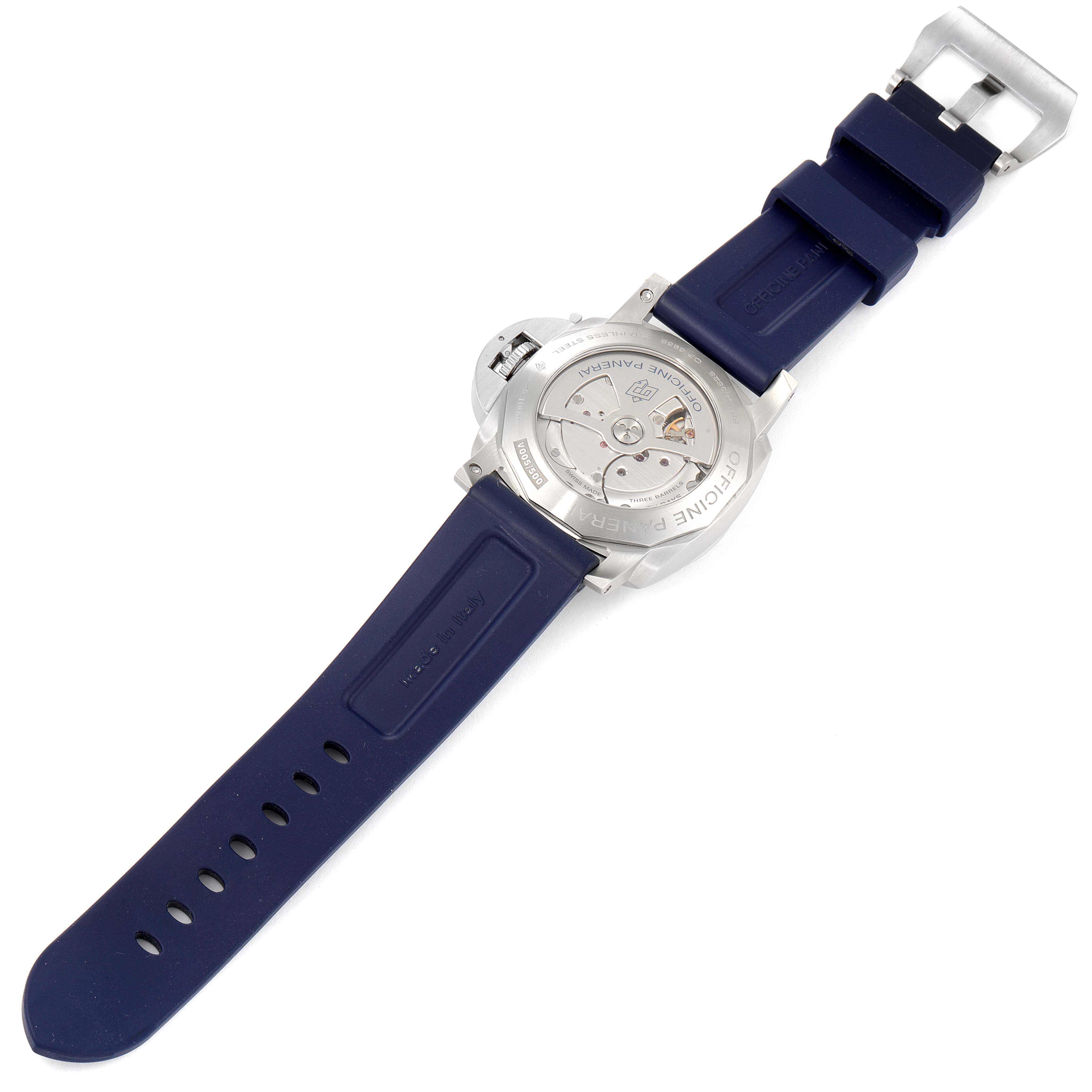 The image shows the back of a Panerai Luminor PAM00986 Men's Stainless Steel Blue Dial PAM00986 Men's Stainless Steel Blue Dial watch with a blue strap and exposed movement.