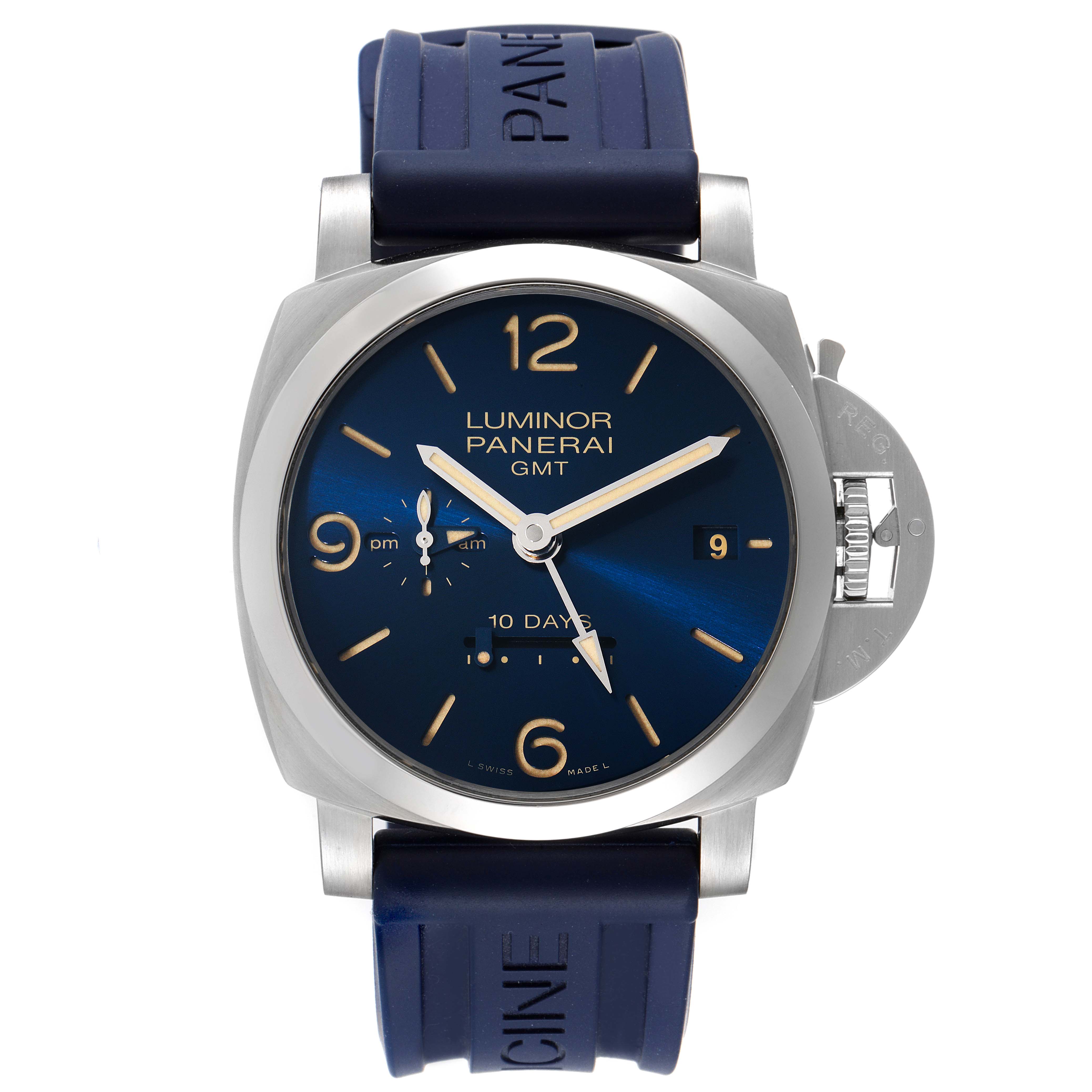 This image shows a front view of a Panerai Luminor PAM00986 Men's Stainless Steel Blue Dial PAM00986 Men's Stainless Steel Blue Dial GMT watch with a blue dial and rubber strap.