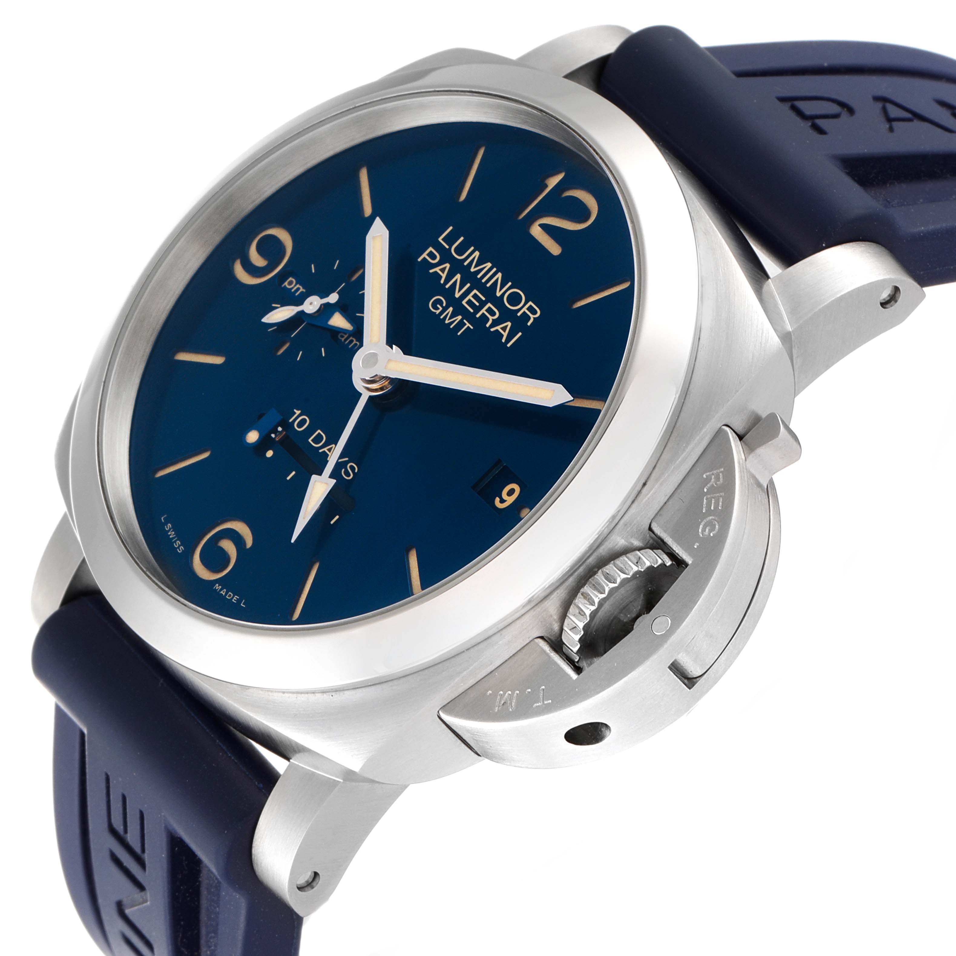 The image shows a Luminor model watch by Panerai from a three-quarter angle, highlighting its face, crown guard, and strap.