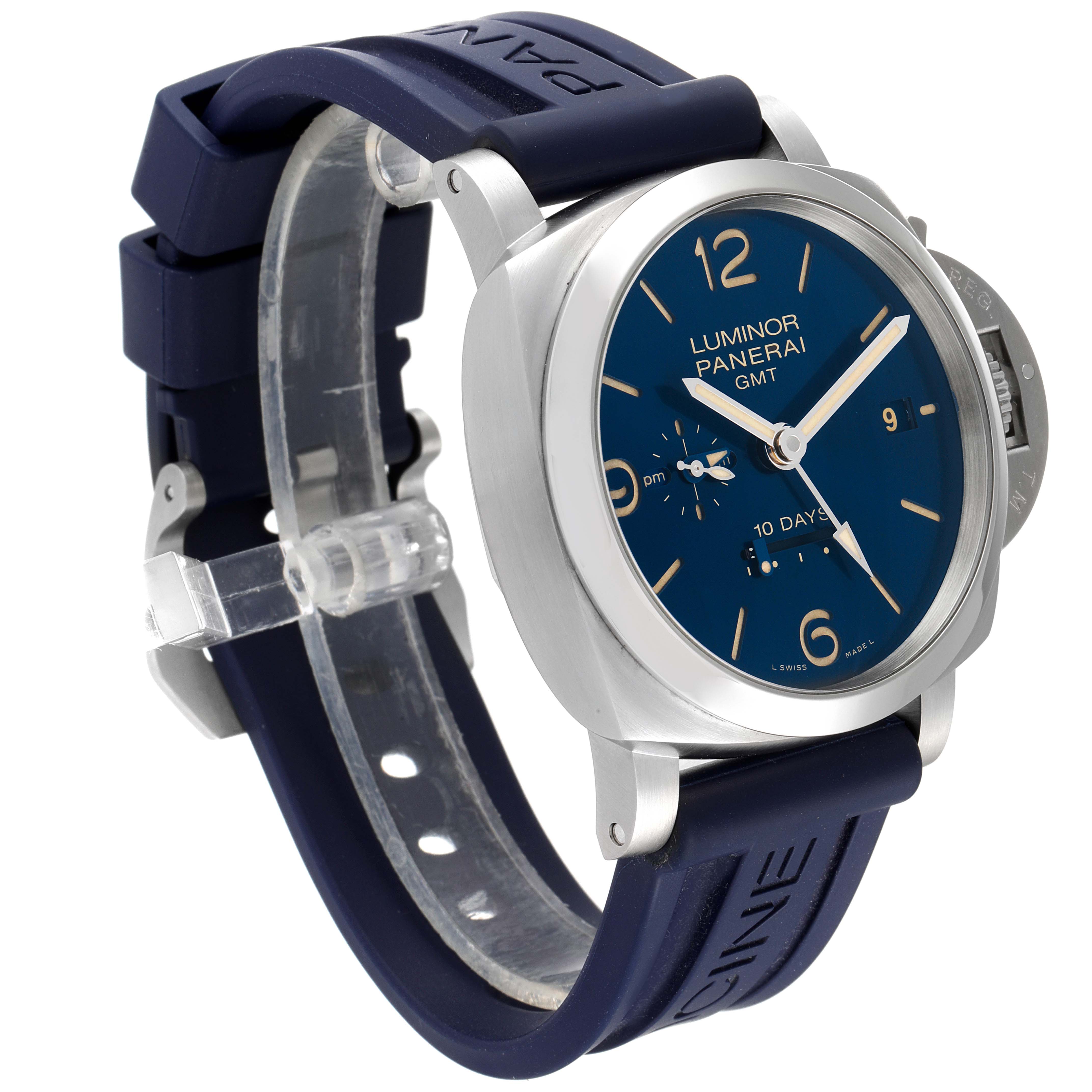 The image shows an angled view of the Panerai Luminor PAM00986 Men's Stainless Steel Blue Dial PAM00986 Men's Stainless Steel Blue Dial GMT watch, highlighting the face, bezel, and rubber strap.