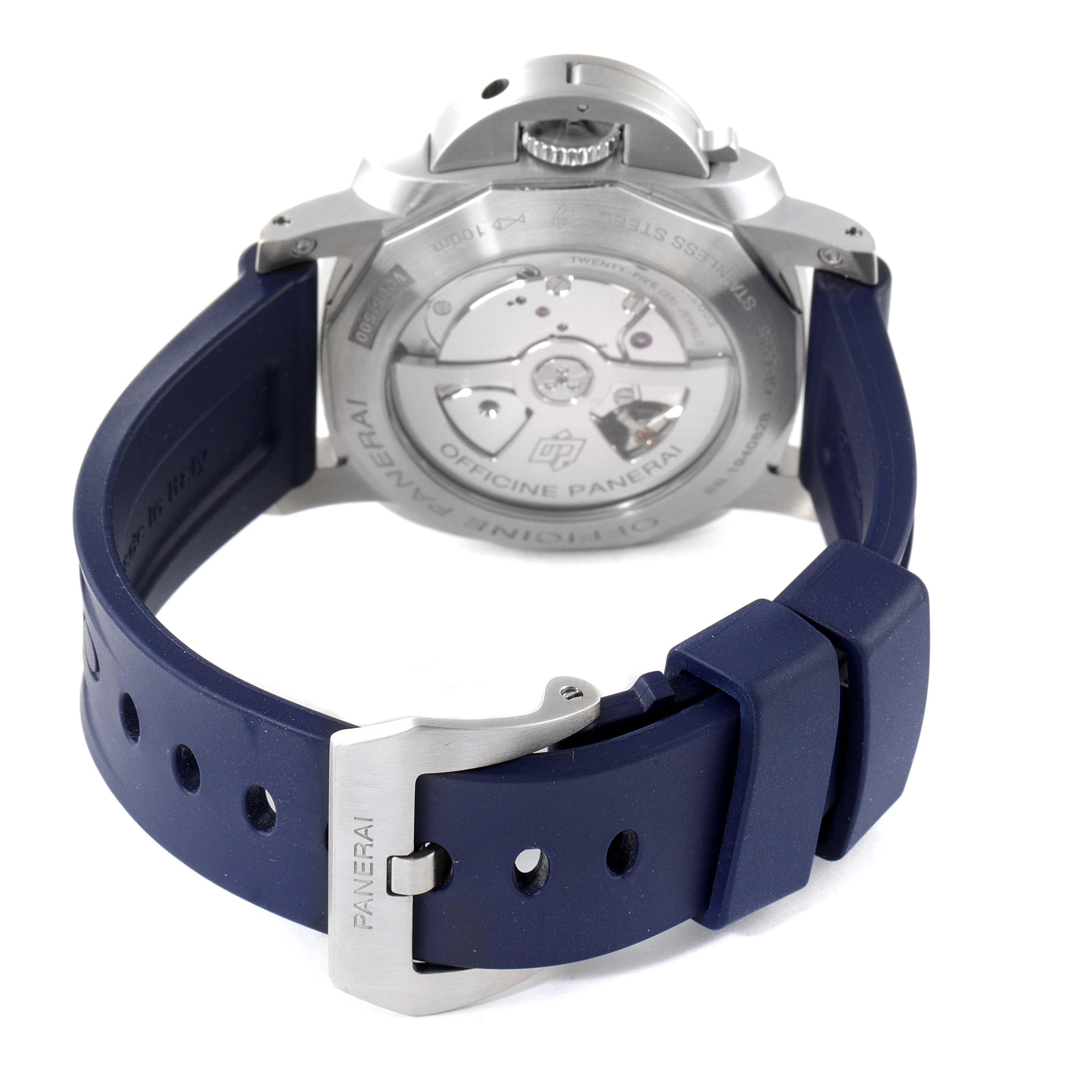 The image shows the rear view of a Panerai Luminor PAM00986 Men's Stainless Steel Blue Dial PAM00986 Men's Stainless Steel Blue Dial watch, displaying the case back, blue strap, and buckle.