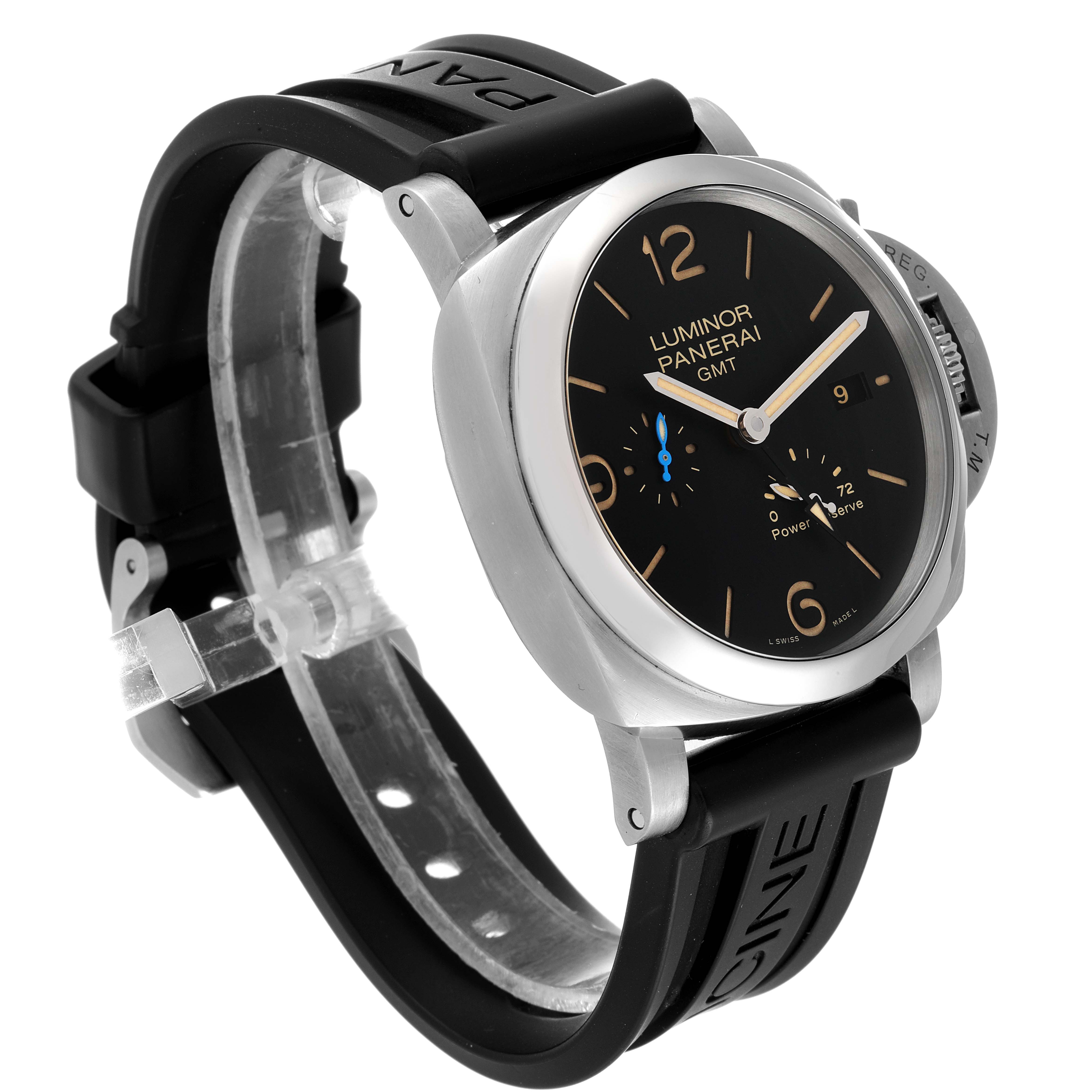 The Panerai Luminor PAM01321 Men's Stainless Steel Black Dial PAM01321 Men's Stainless Steel Black Dial model watch is shown from a three-quarter angle, highlighting the black dial and black rubber strap.