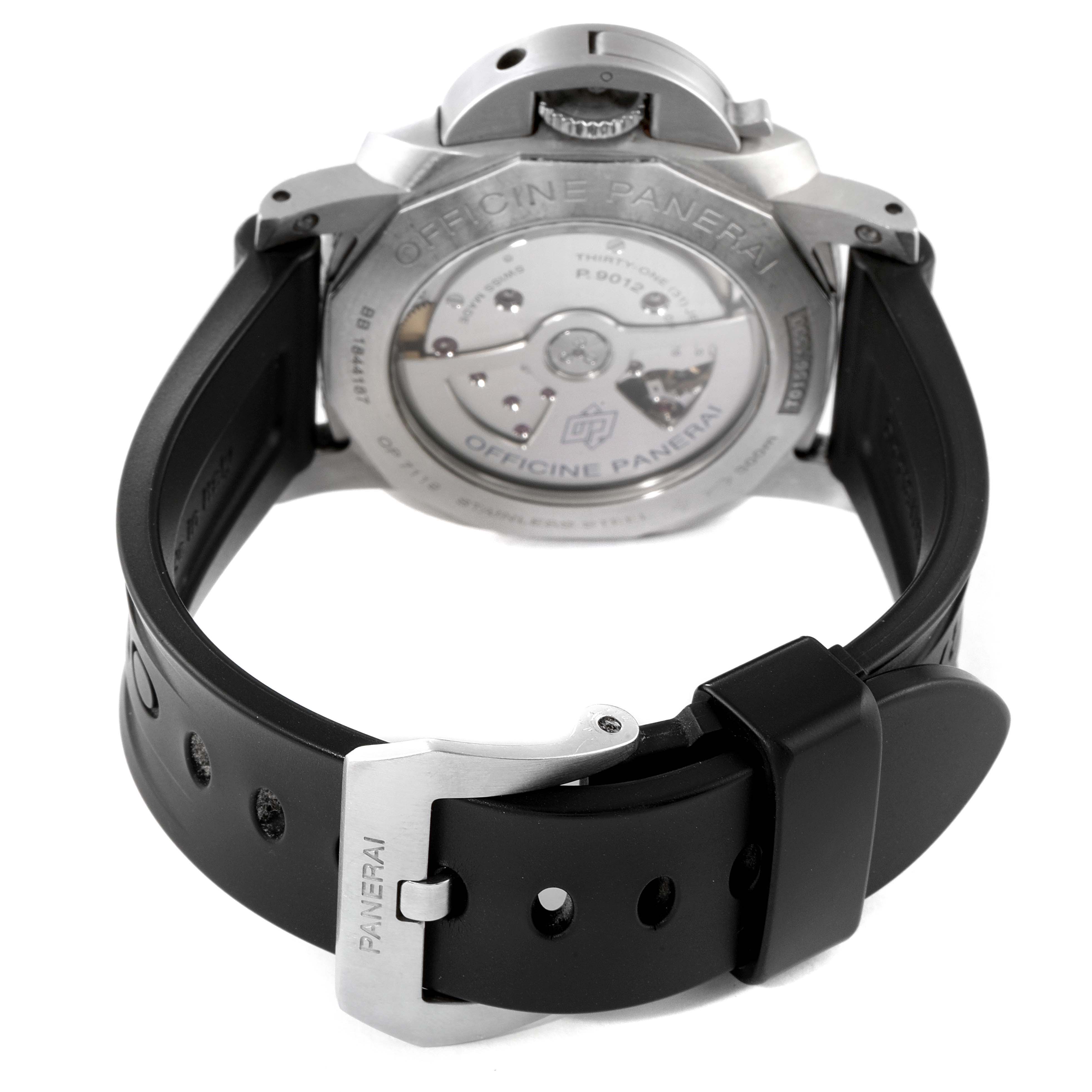 The Panerai Luminor PAM01321 Men's Stainless Steel Black Dial PAM01321 Men's Stainless Steel Black Dial watch is shown from the rear, displaying its movement, case back, and black strap with buckle.