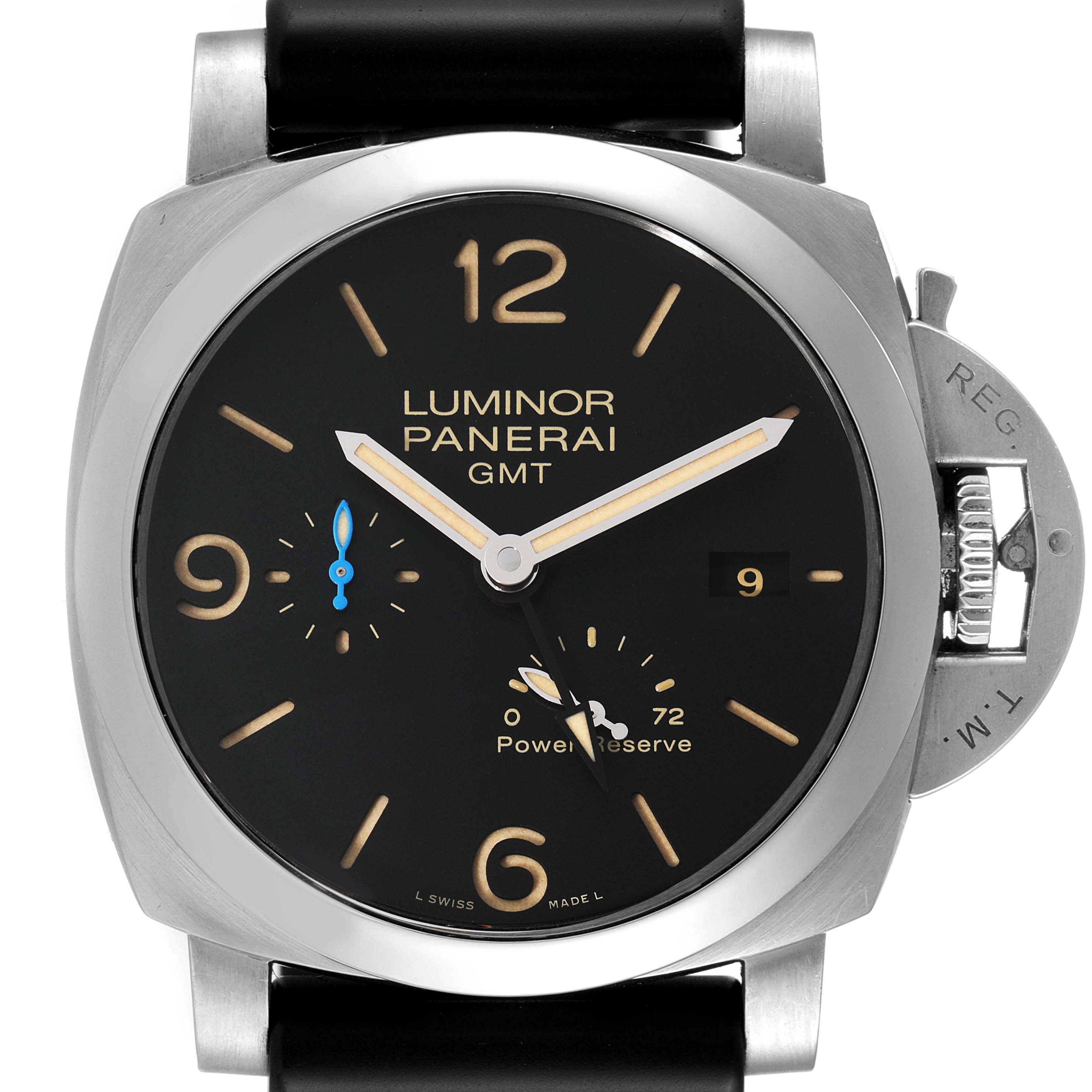 The image shows a frontal view of a Panerai Luminor PAM01321 Men's Stainless Steel Black Dial PAM01321 Men's Stainless Steel Black Dial GMT watch, displaying its dial, crown guard, and strap.