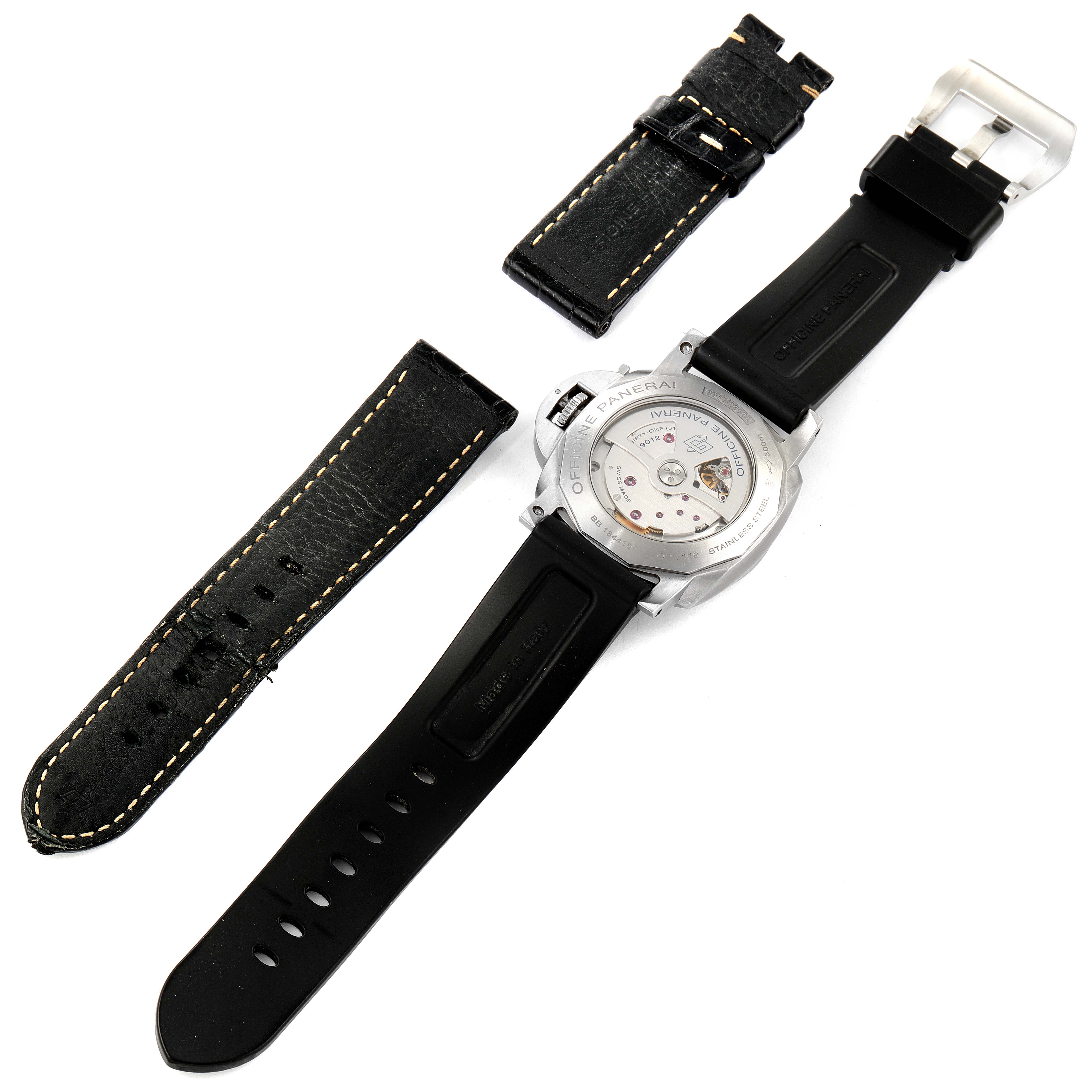 This image shows the back view of a Panerai Luminor PAM01321 Men's Stainless Steel Black Dial PAM01321 Men's Stainless Steel Black Dial watch with additional leather straps and the visible internal mechanism.