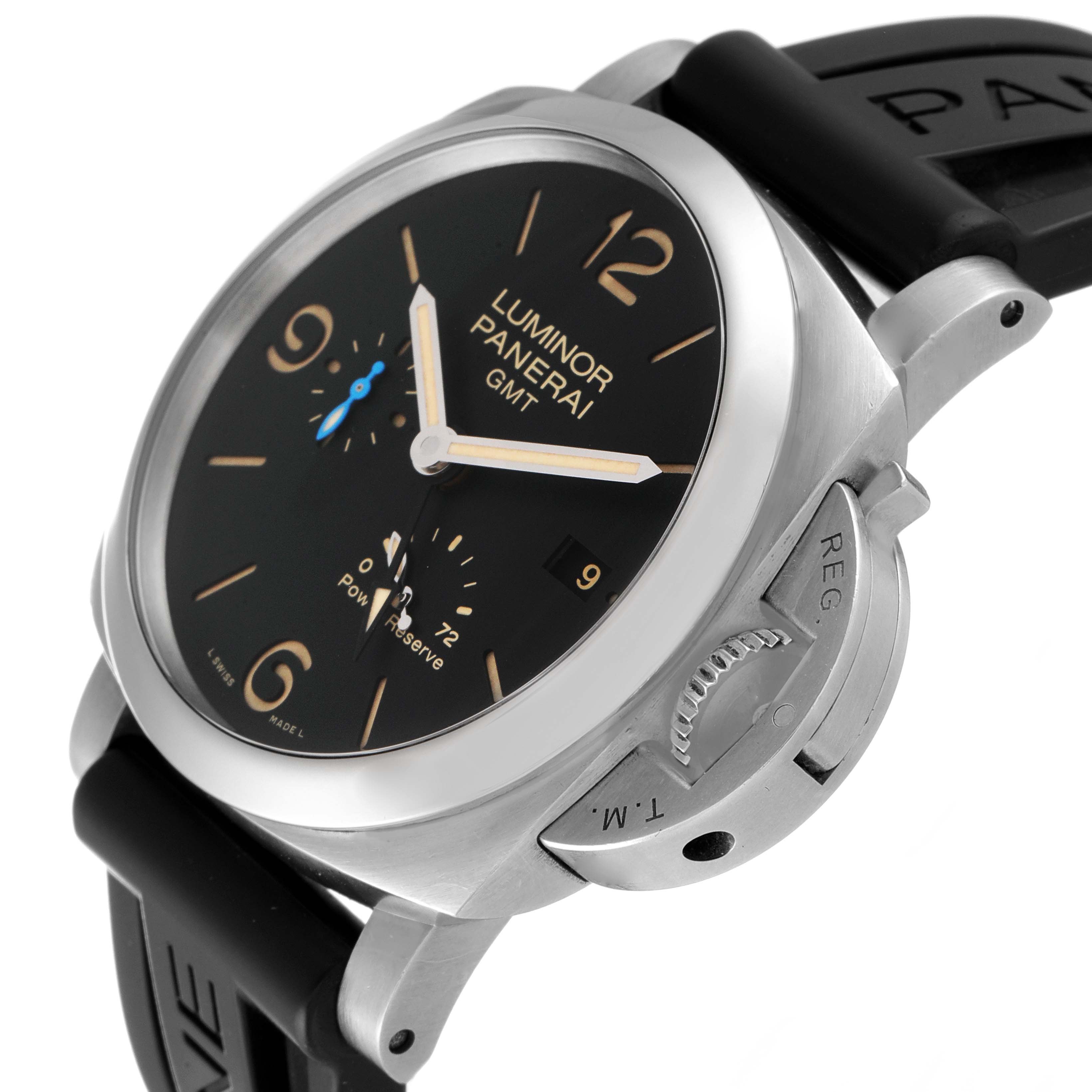 The image shows the Panerai Luminor PAM01321 Men's Stainless Steel Black Dial PAM01321 Men's Stainless Steel Black Dial GMT watch from an angled side view, highlighting the dial, bezel, crown guard, and strap.