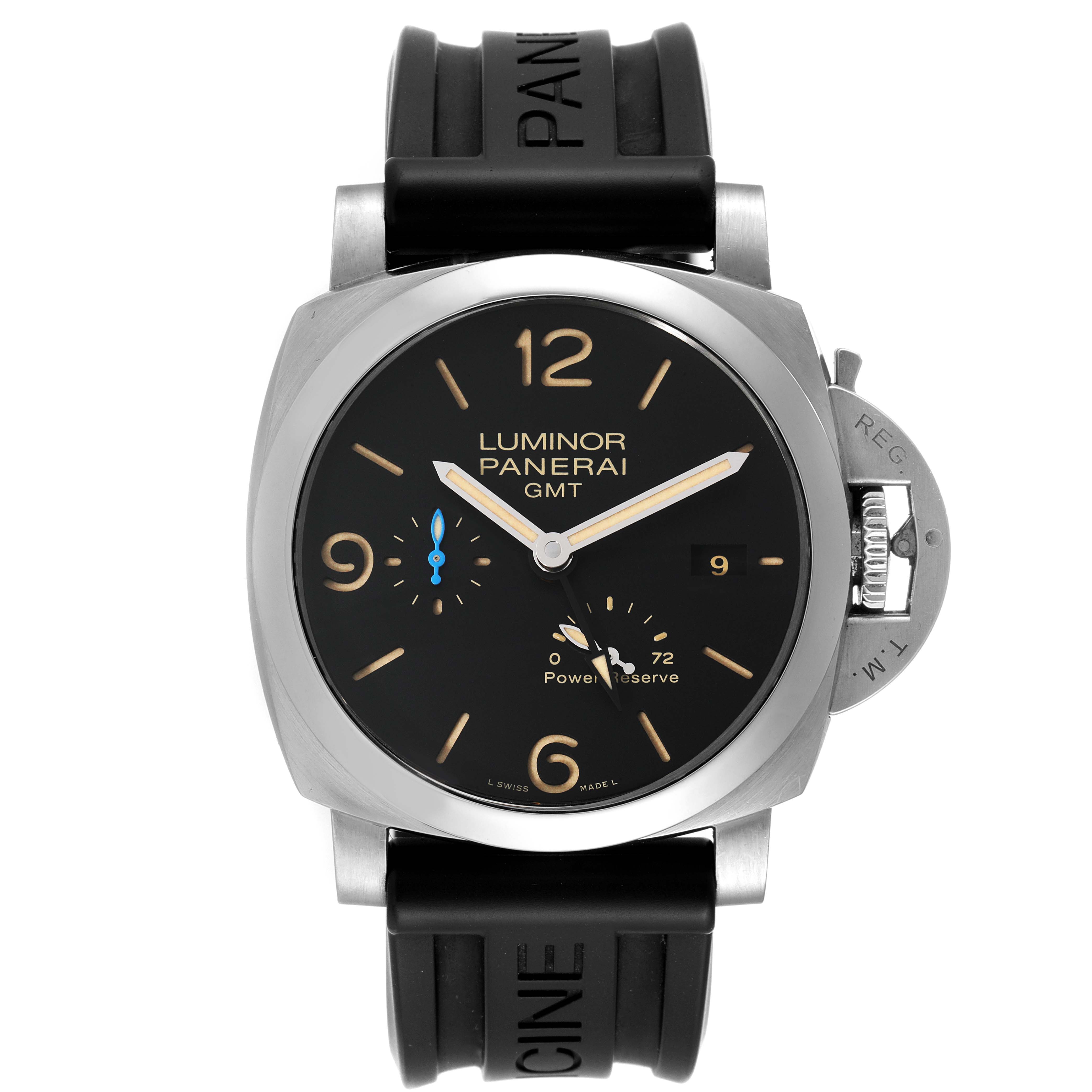 This image shows a front view of a Panerai Luminor PAM01321 Men's Stainless Steel Black Dial PAM01321 Men's Stainless Steel Black Dial GMT watch, highlighting the dial, hands, strap, and crown guard.