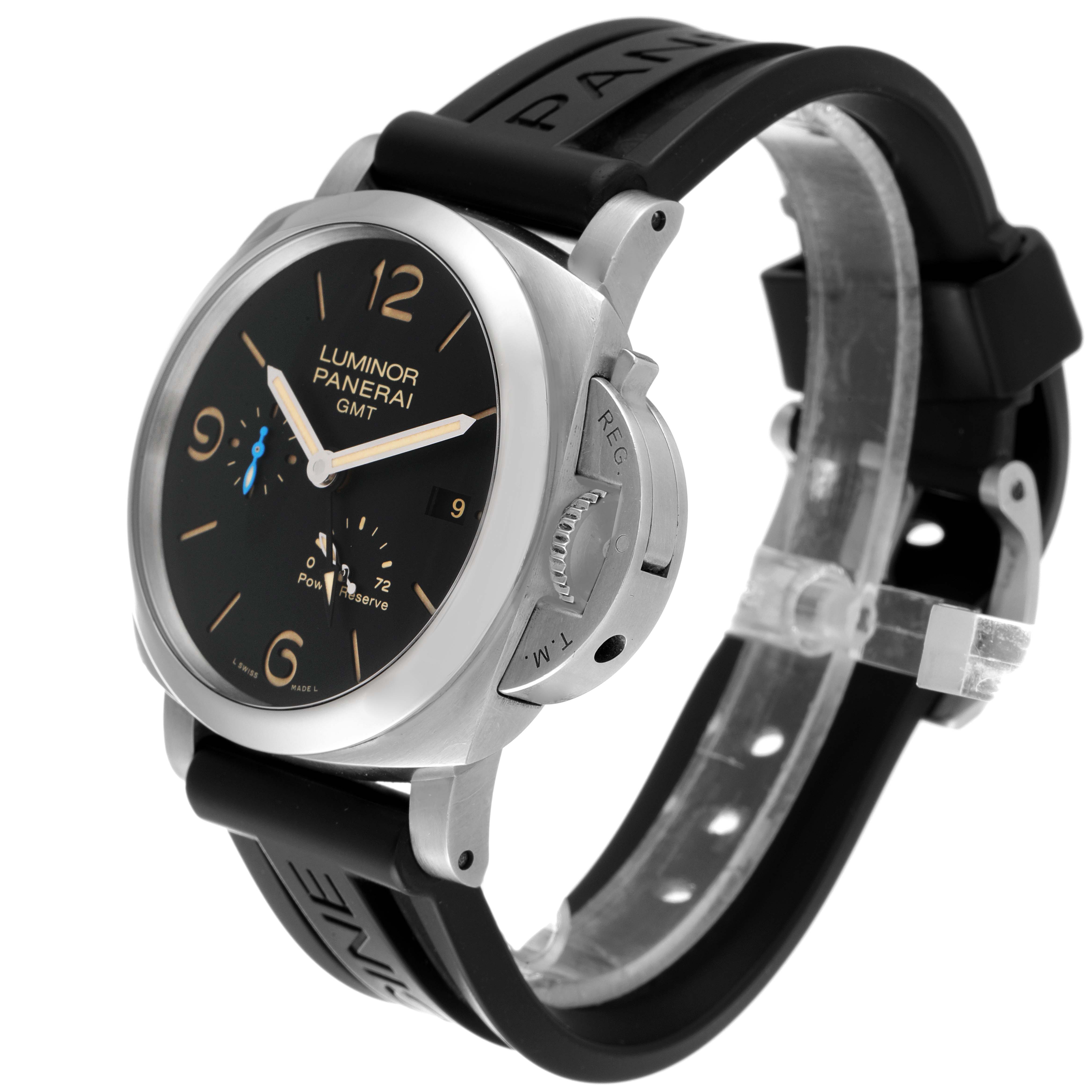 The image shows a side-angle view of a Panerai Luminor PAM01321 Men's Stainless Steel Black Dial PAM01321 Men's Stainless Steel Black Dial GMT watch, highlighting its face, case, strap, and crown guard.
