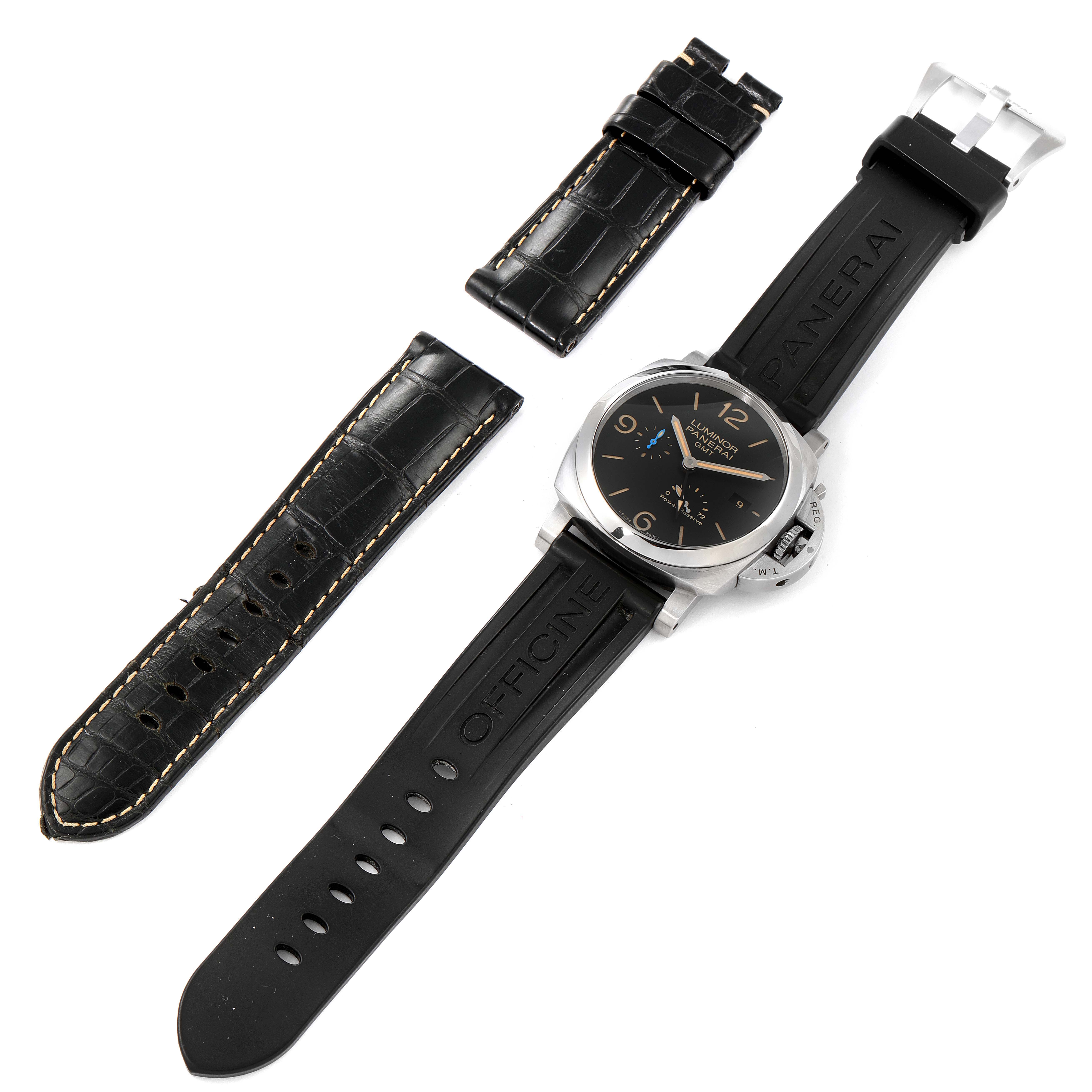 The image shows a Panerai Luminor PAM01321 Men's Stainless Steel Black Dial PAM01321 Men's Stainless Steel Black Dial watch with a black rubber strap and two additional black leather straps from a top-down angle.