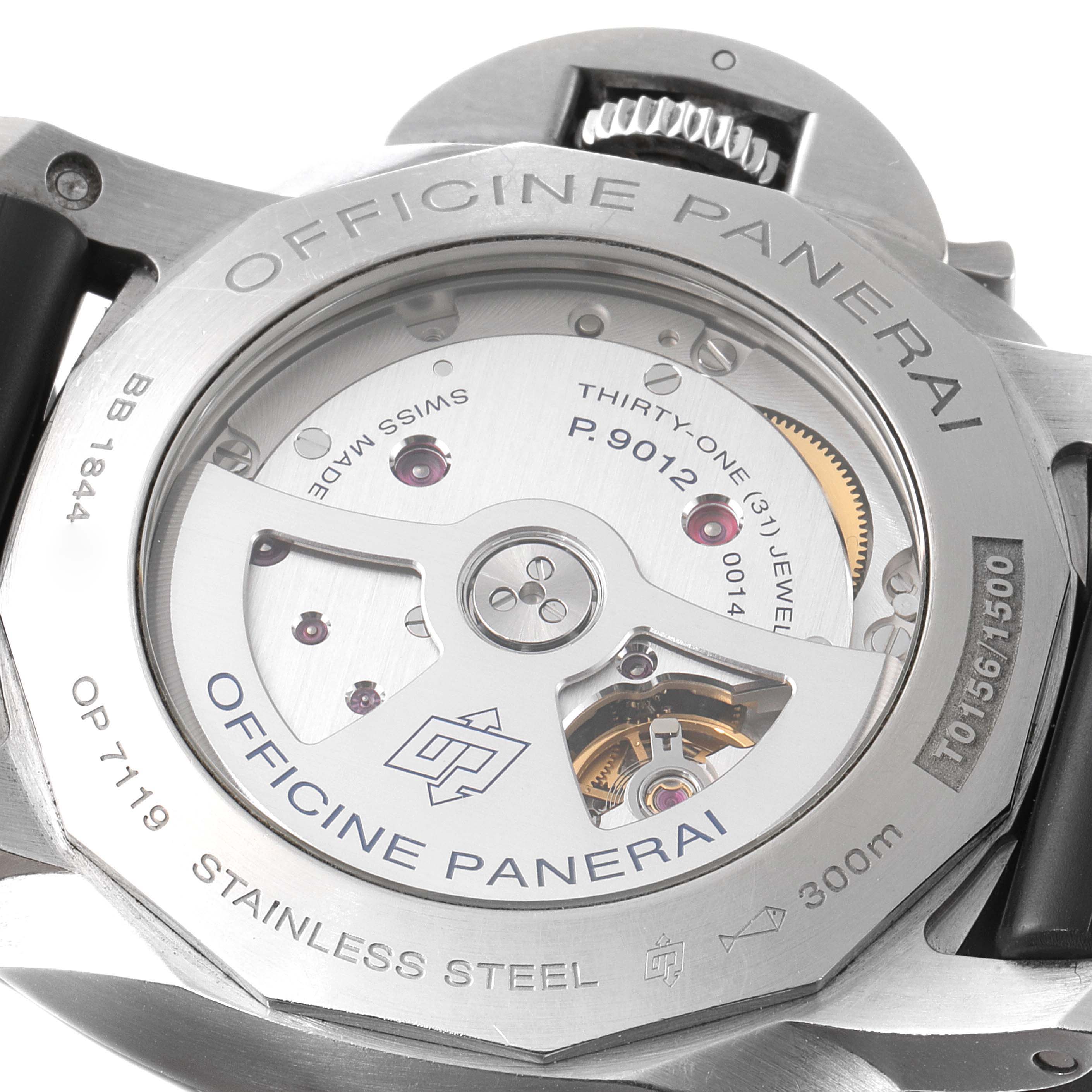 The image shows the case back of a Panerai Luminor PAM01321 Men's Stainless Steel Black Dial PAM01321 Men's Stainless Steel Black Dial watch, highlighting the internal movement and various engravings.
