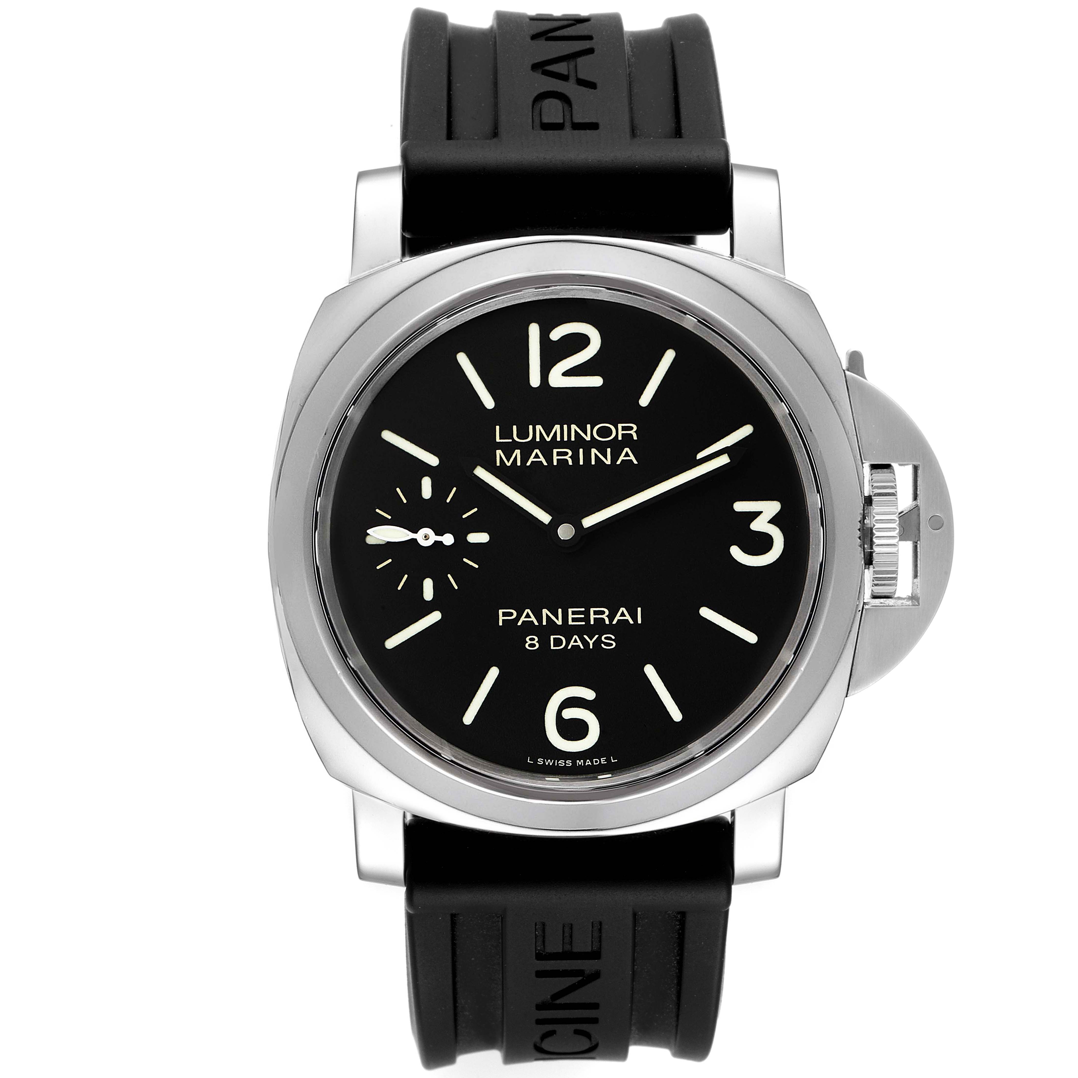 The image shows a front view of the Panerai Luminor PAM00510 Men's Stainless Steel Black Dial PAM00510 Men's Stainless Steel Black Dial model watch, displaying the dial, case, and bezel with a rubber strap.