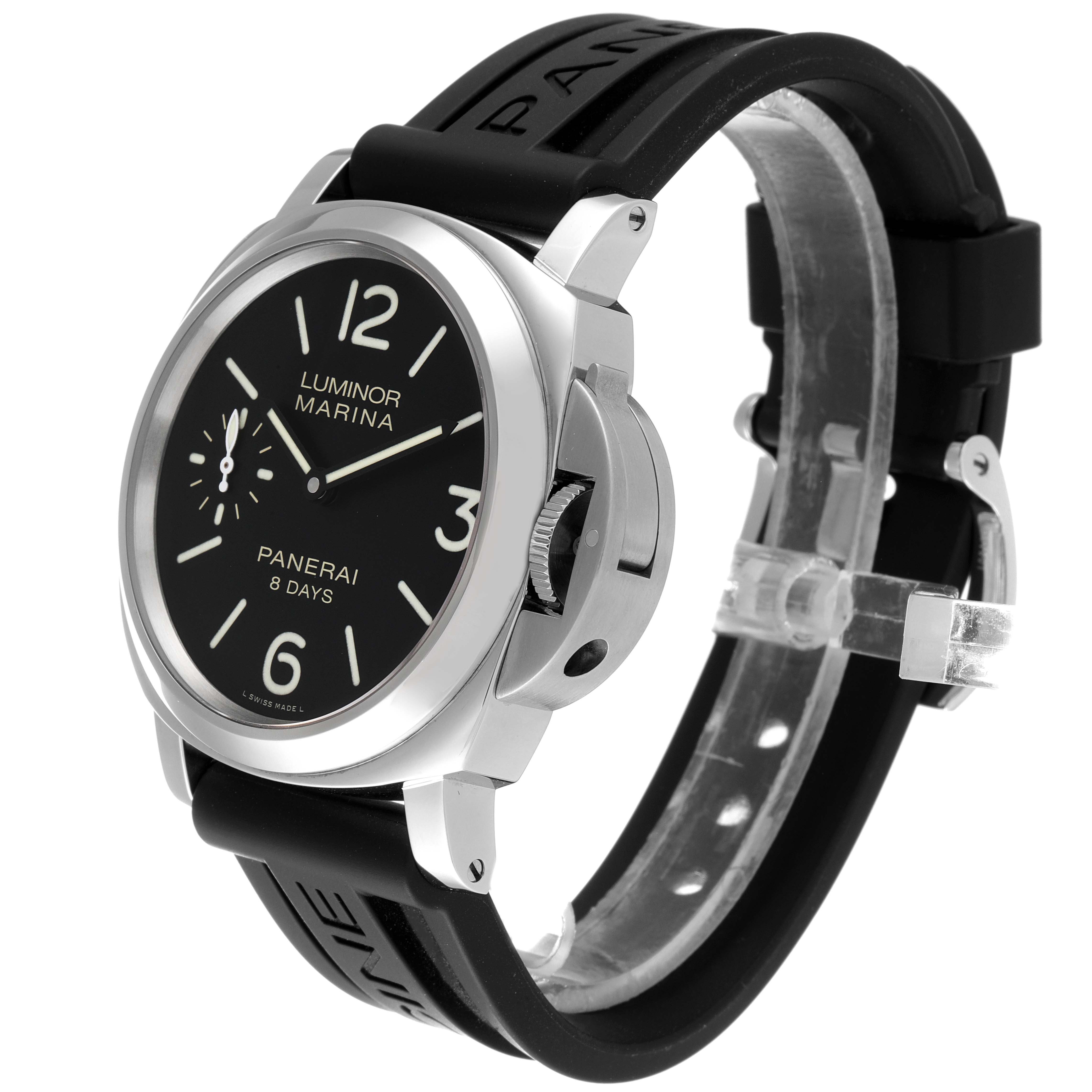 This image shows the front angle of a Panerai Luminor PAM00510 Men's Stainless Steel Black Dial PAM00510 Men's Stainless Steel Black Dial Marina watch, highlighting the black dial, crown, and rubber strap.