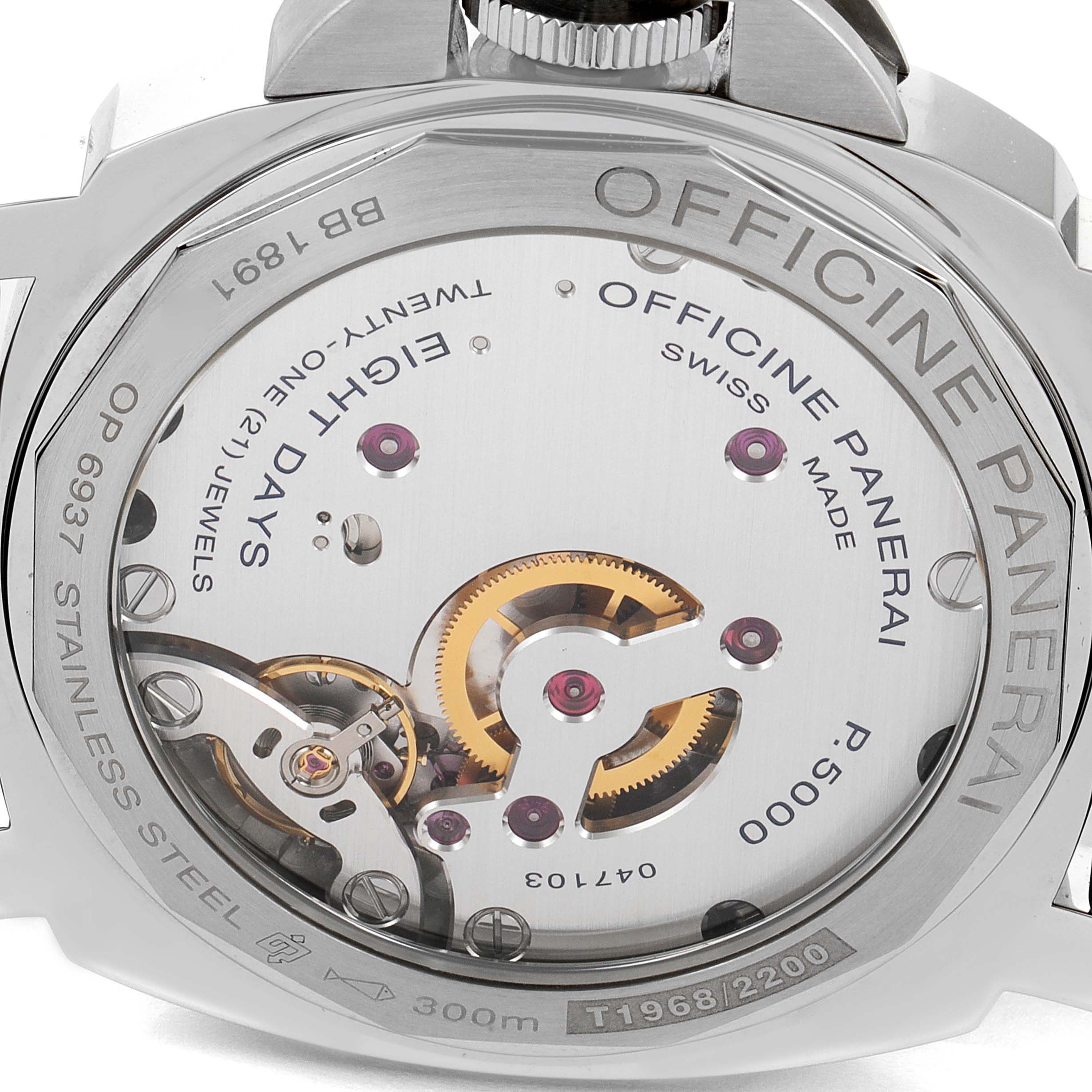 The image shows the back view of a Panerai Luminor PAM00510 Men's Stainless Steel Black Dial PAM00510 Men's Stainless Steel Black Dial watch, highlighting its exposed mechanical movement.