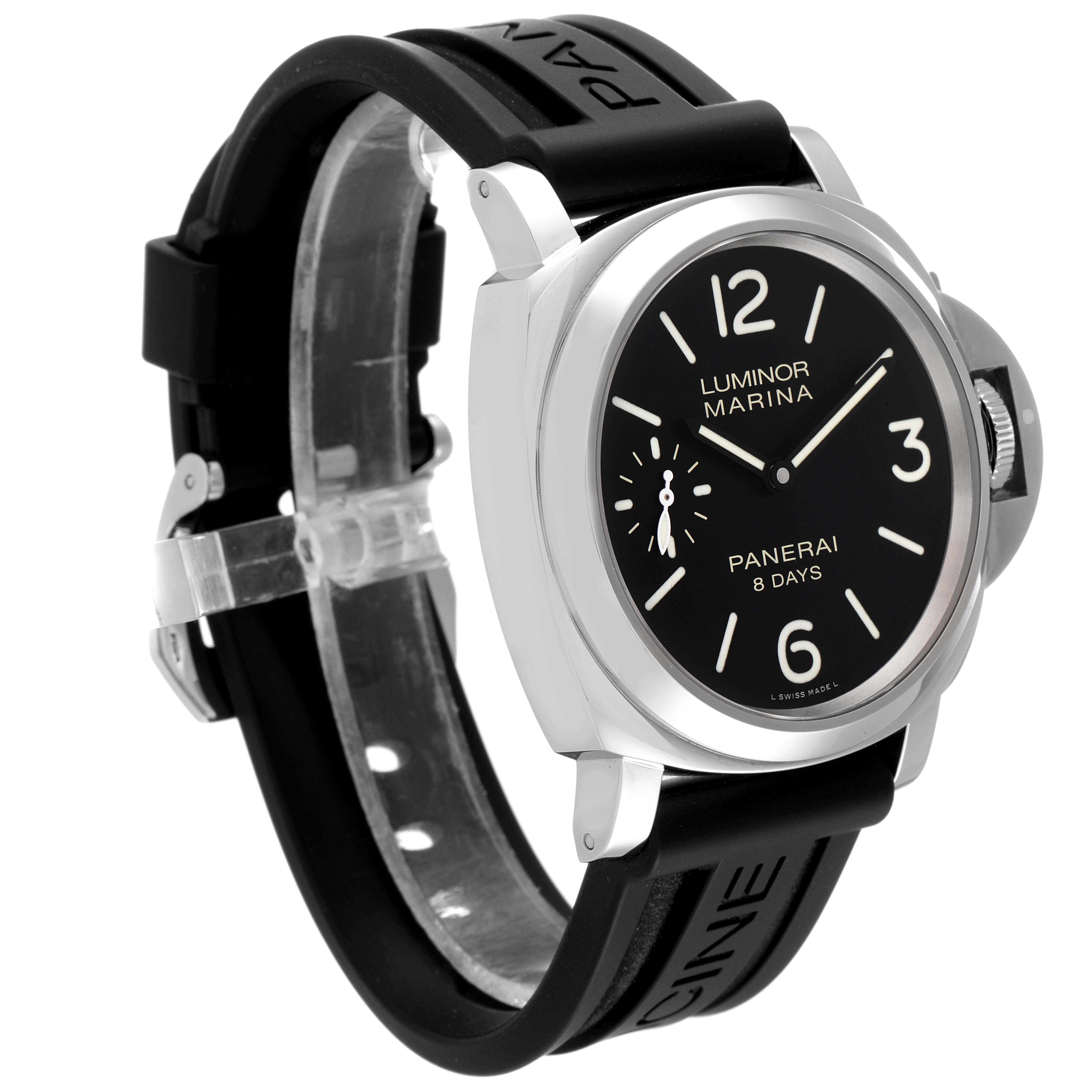 The image shows a Panerai Luminor PAM00510 Men's Stainless Steel Black Dial PAM00510 Men's Stainless Steel Black Dial watch from a front-side angle, highlighting the black dial, rubber strap, and crown guard.