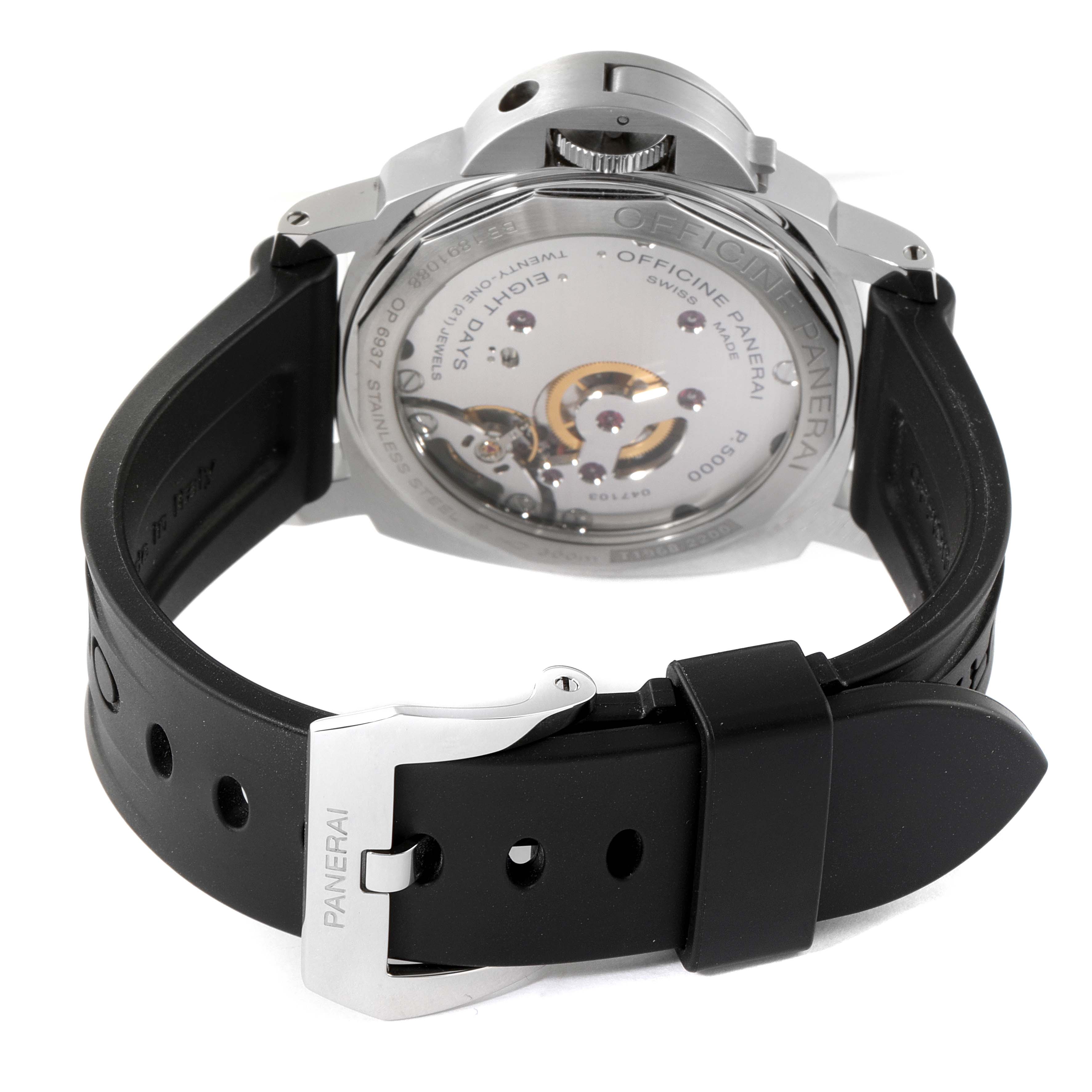 This image shows the back of a Panerai Luminor PAM00510 Men's Stainless Steel Black Dial PAM00510 Men's Stainless Steel Black Dial watch, including the movement, case back, and black strap with a buckle.