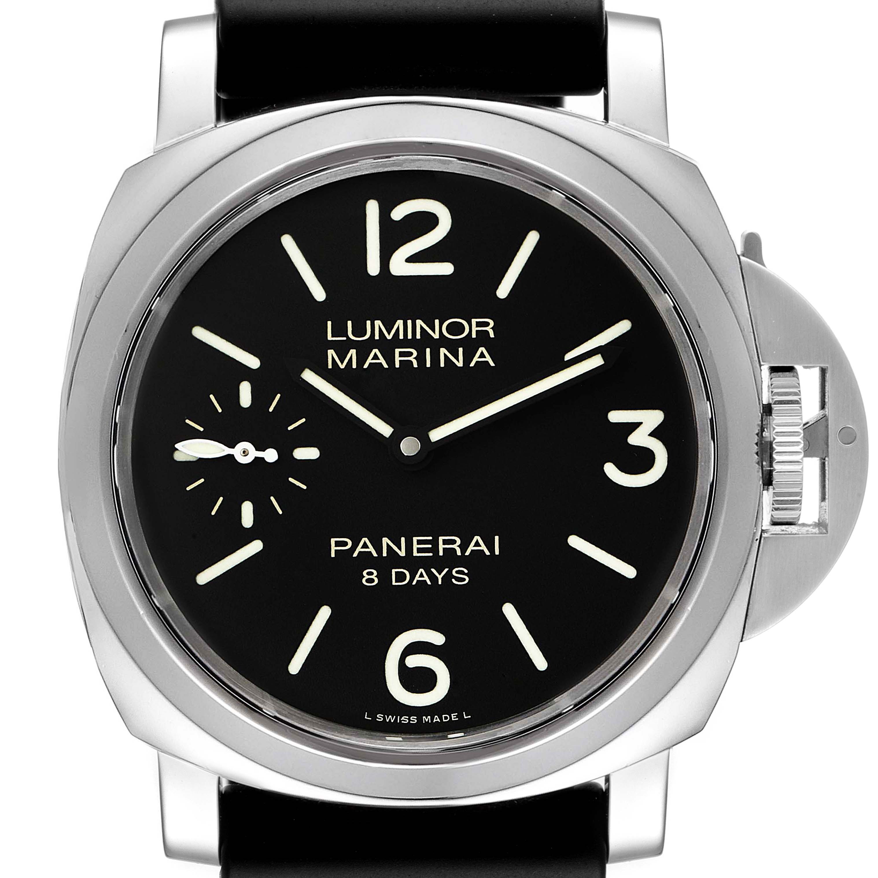 This image shows a front view of a Panerai Luminor PAM00510 Men's Stainless Steel Black Dial PAM00510 Men's Stainless Steel Black Dial Marina watch, highlighting its dial and crown guard.