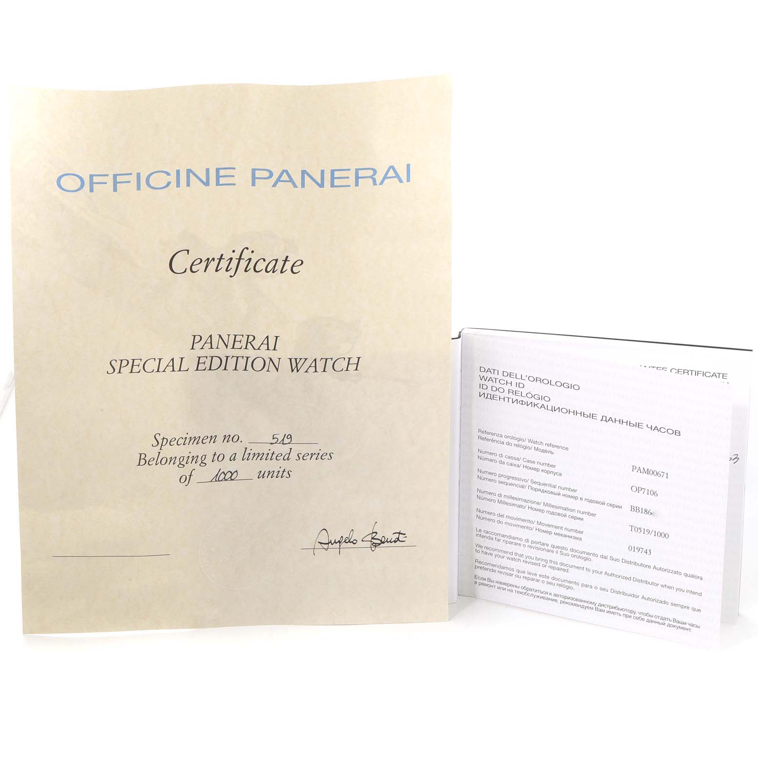 The image shows the Panerai Submersible PAM00671 Men's Bronze Blue Dial PAM00671 Men's Bronze Blue Dial model's certificate and documentation, emphasizing its special edition status.