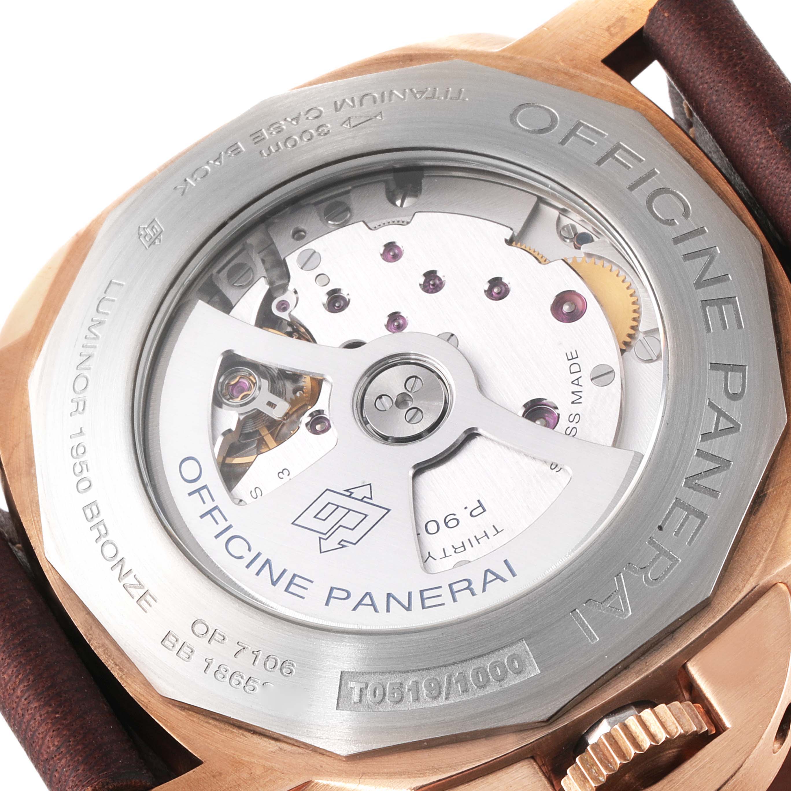 This image shows the case back of the Panerai Submersible PAM00671 Men's Bronze Blue Dial PAM00671 Men's Bronze Blue Dial watch, revealing its intricate internal mechanism.